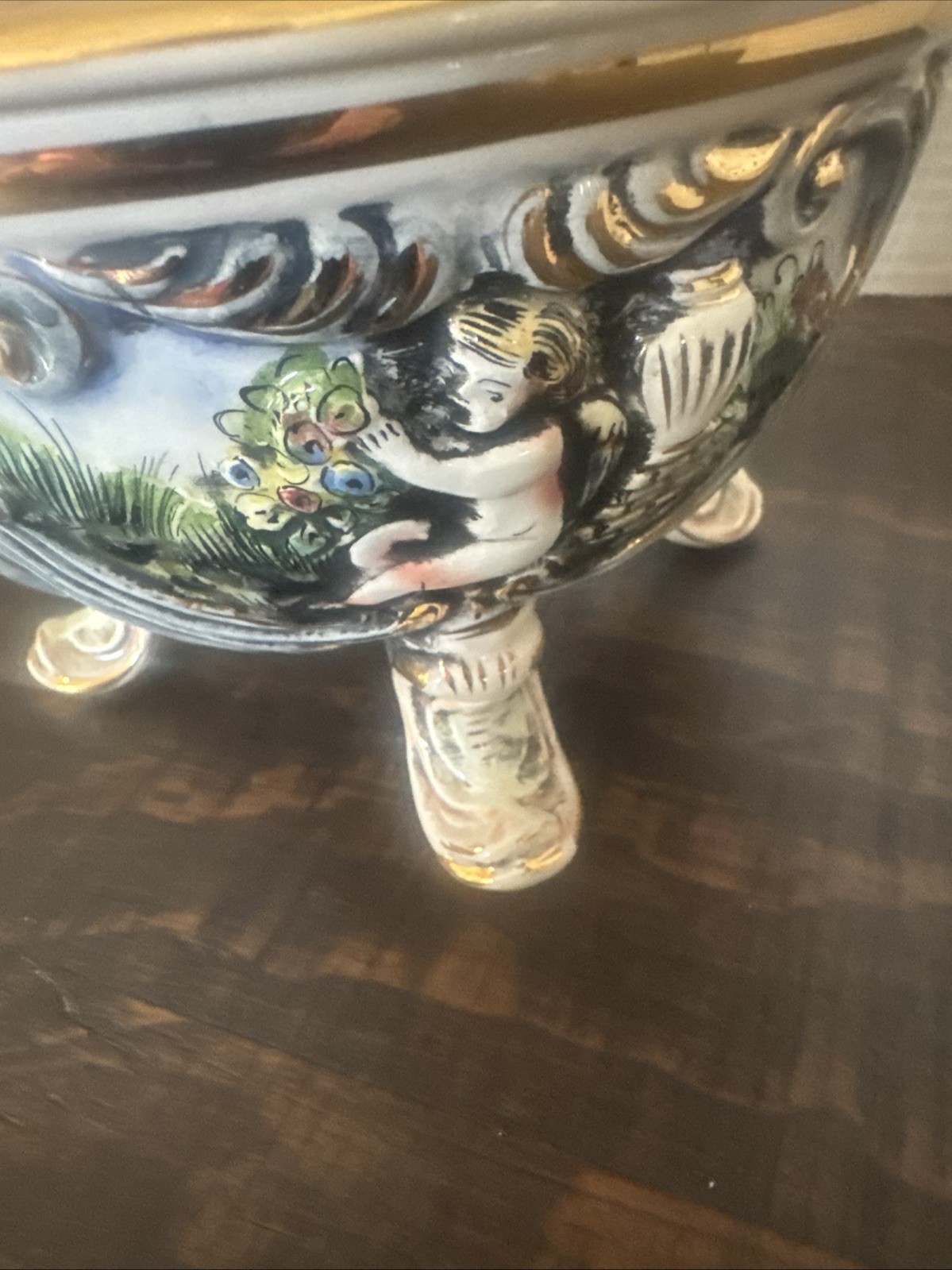 Capodimonte Porcelain Cherubs Putti Candy Dish Bowl Lidded Footed Italy