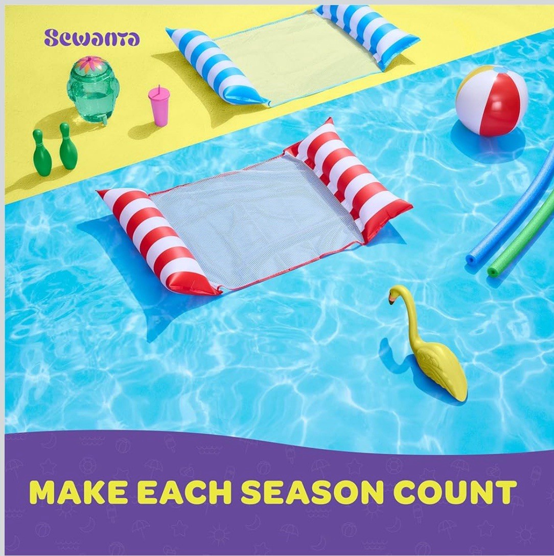 2 Pack Multi-Purpose Inflatable Hammock Pool Floats Adults Red Blue 44in X 26in