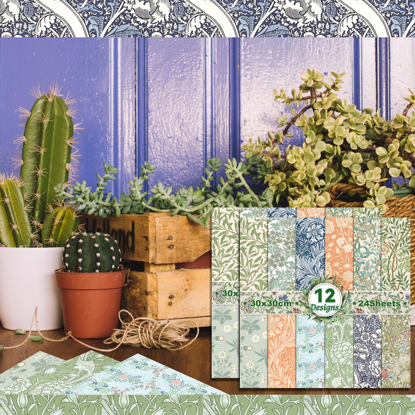 24 Sheets William Morris Scrapbook Paper Pad Double-Sided Vintage white