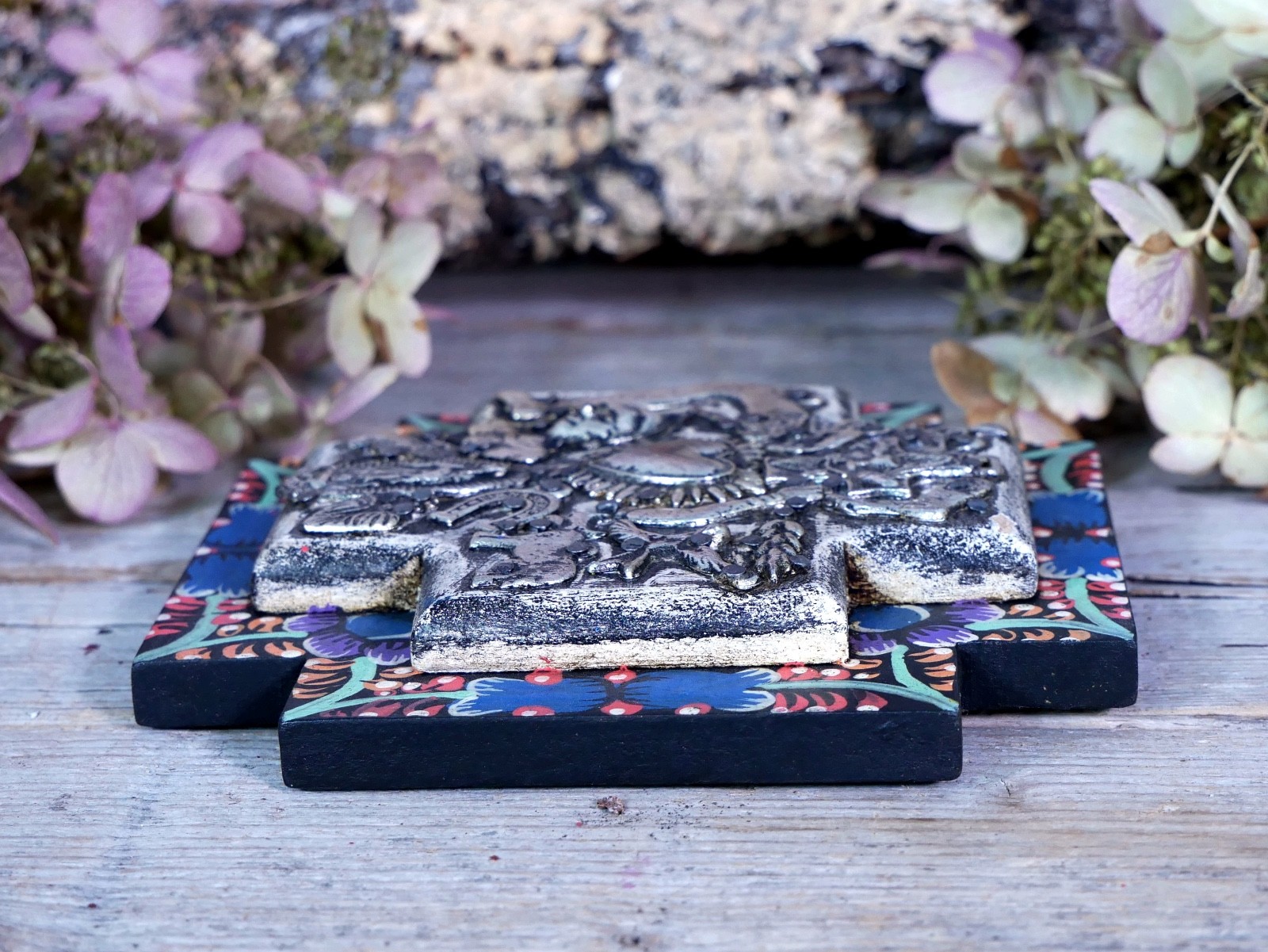 Greek Cross Wood Milagros Hand Painted Floral Boarder Handmade Mexican Folk Art