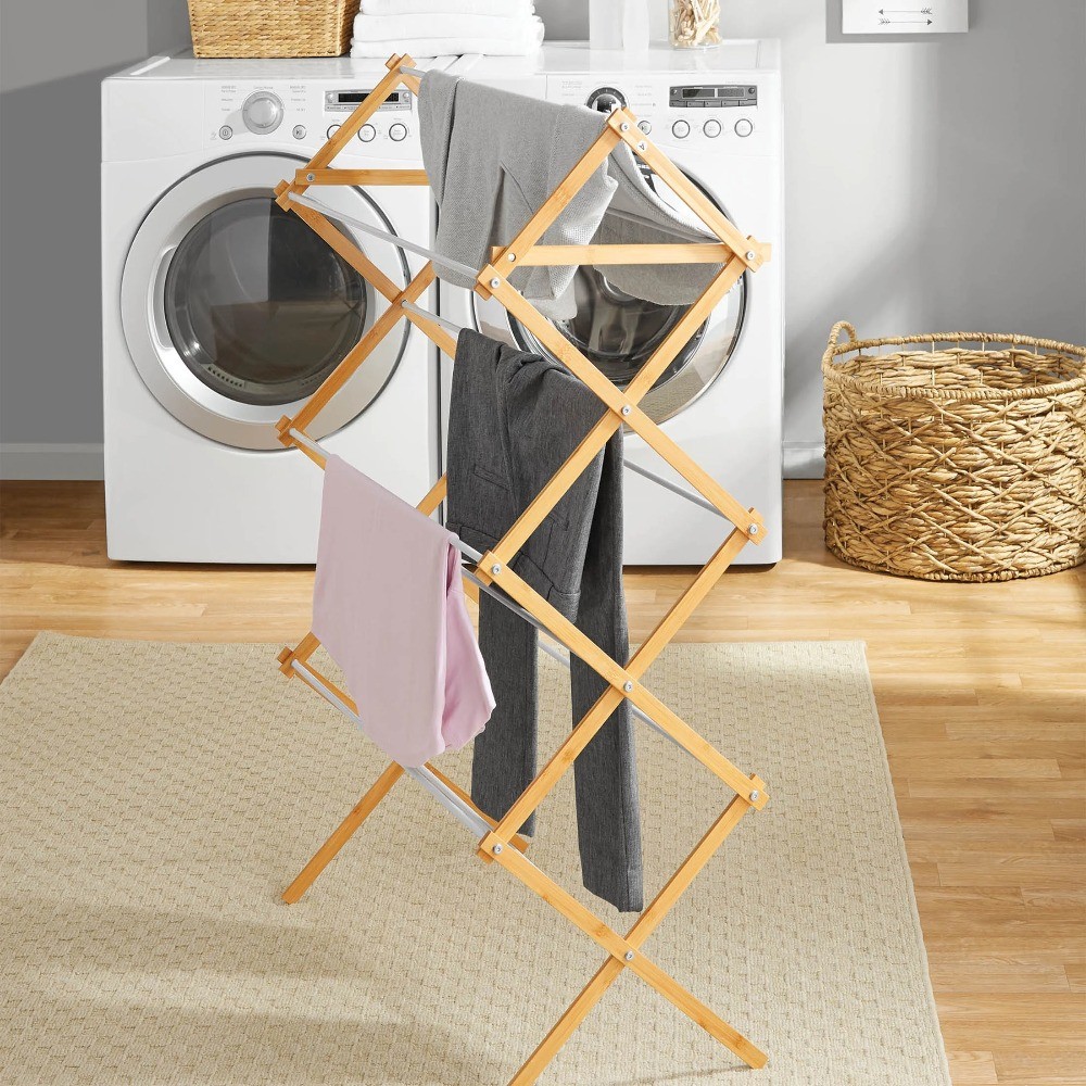 Space-Saving Collapsible Bamboo Laundry Clothes Drying Rack
