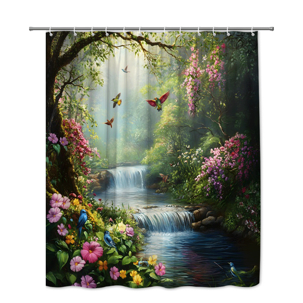 Waterfall Forest Shower Curtain Colorful Birds and Flowers Nature Bathroom Decor