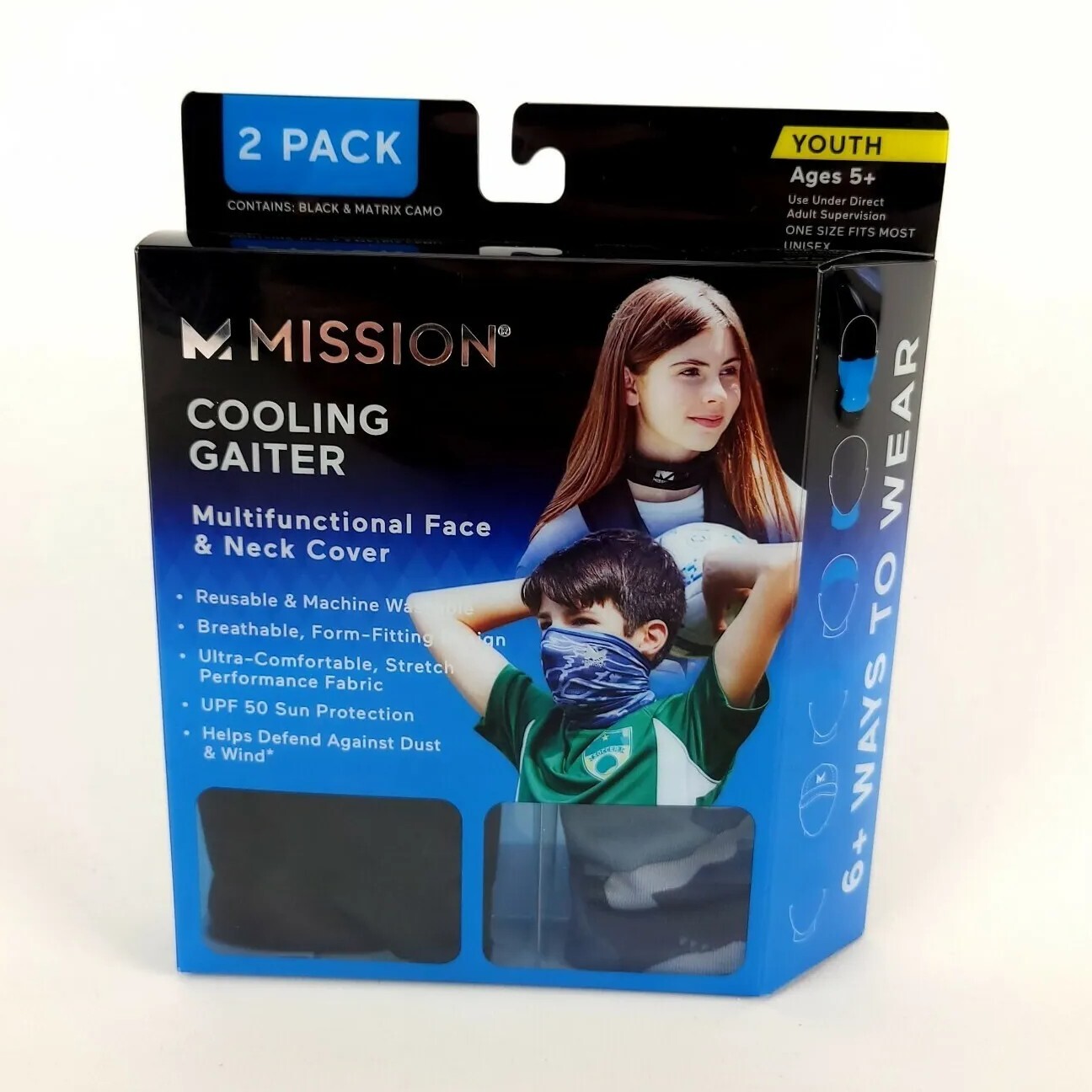 Mission Cooling Gaiter Face Neck Cover Youth 2 Pack - Black & Matrix Camo Blue