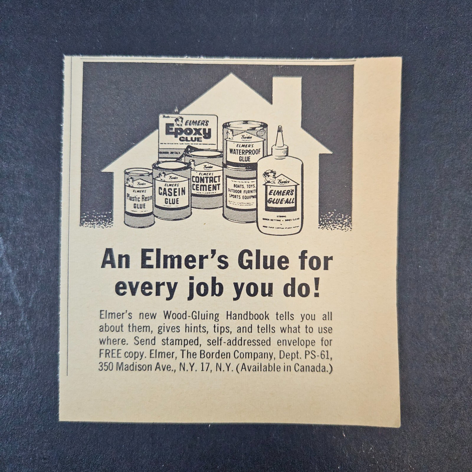 1961 Elmer's Glue Vintage Print Ad Borden Company NYC Epoxy Waterproof Resin