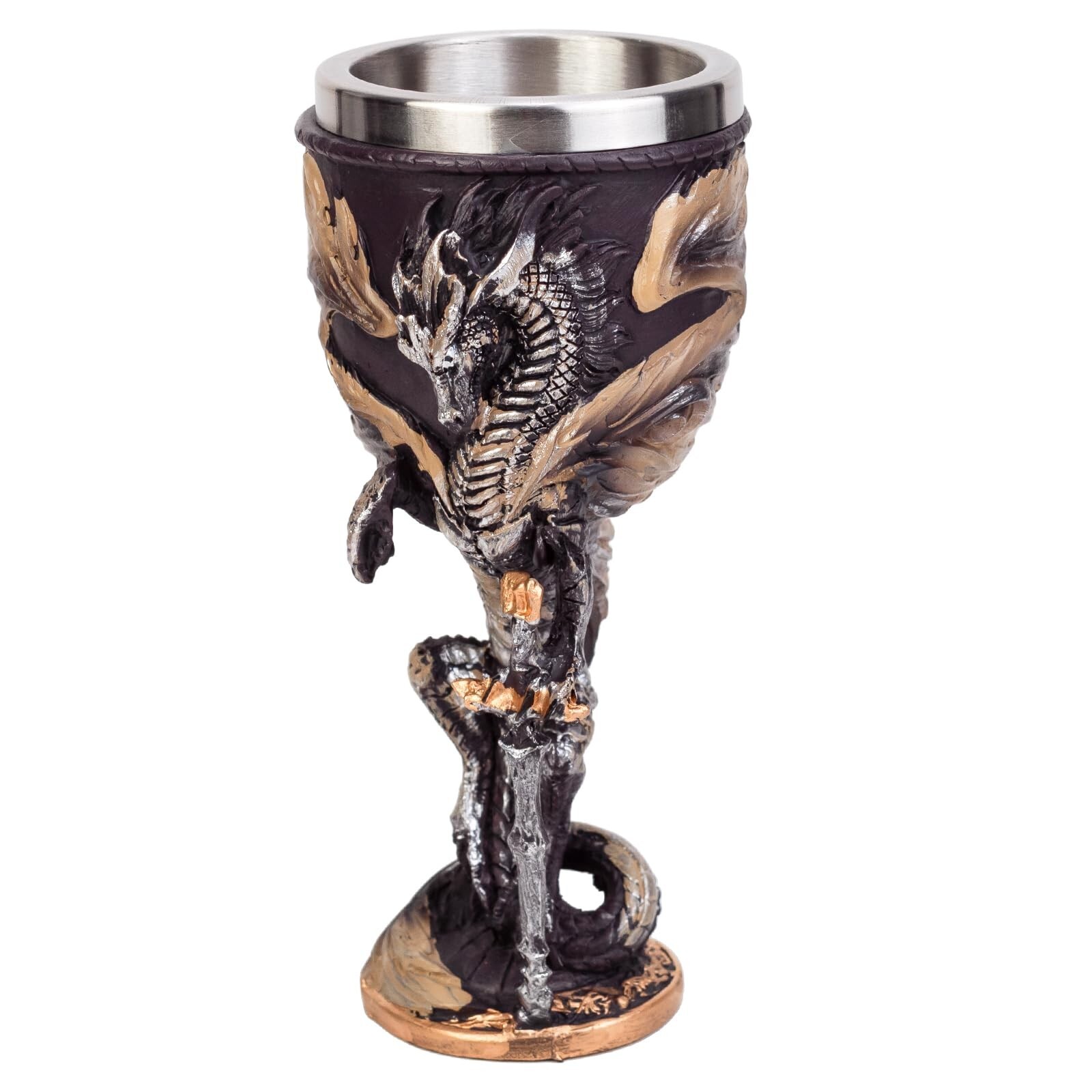 Medieval Flame Dragon Holding Sword Goblet Resin Wine Cup with Stainless Stee...