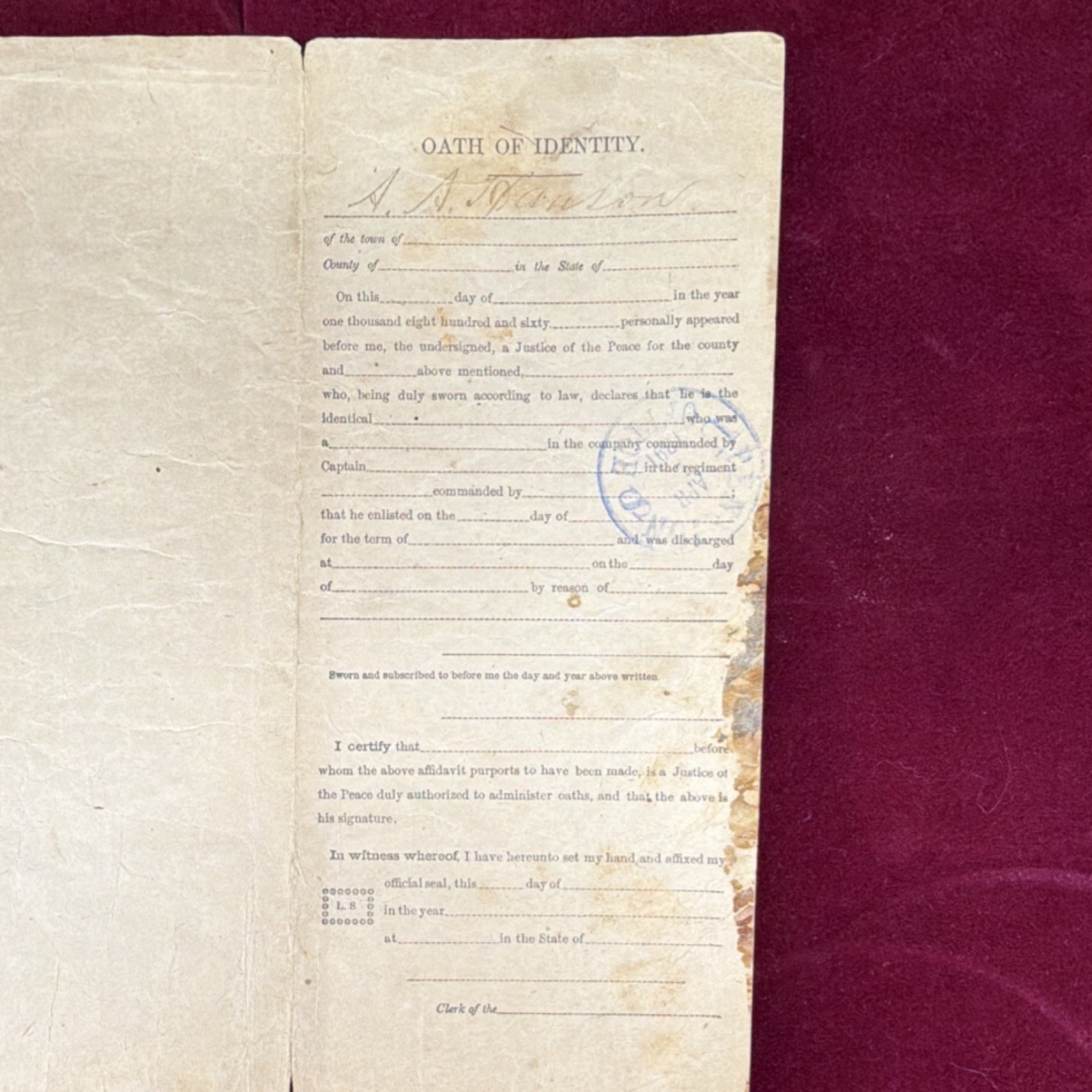 United States Military Discharge Paper Silver War Era Dated August 1865