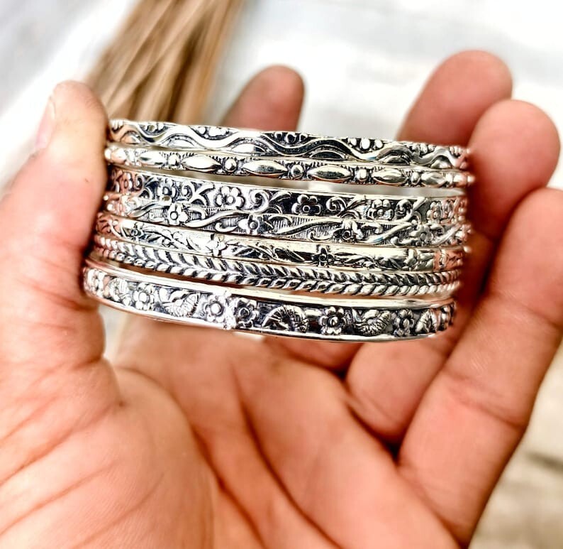 Solid 925 Sterling Silver Bangles, Hammered Bangles Stacking Set of 7 Bangles