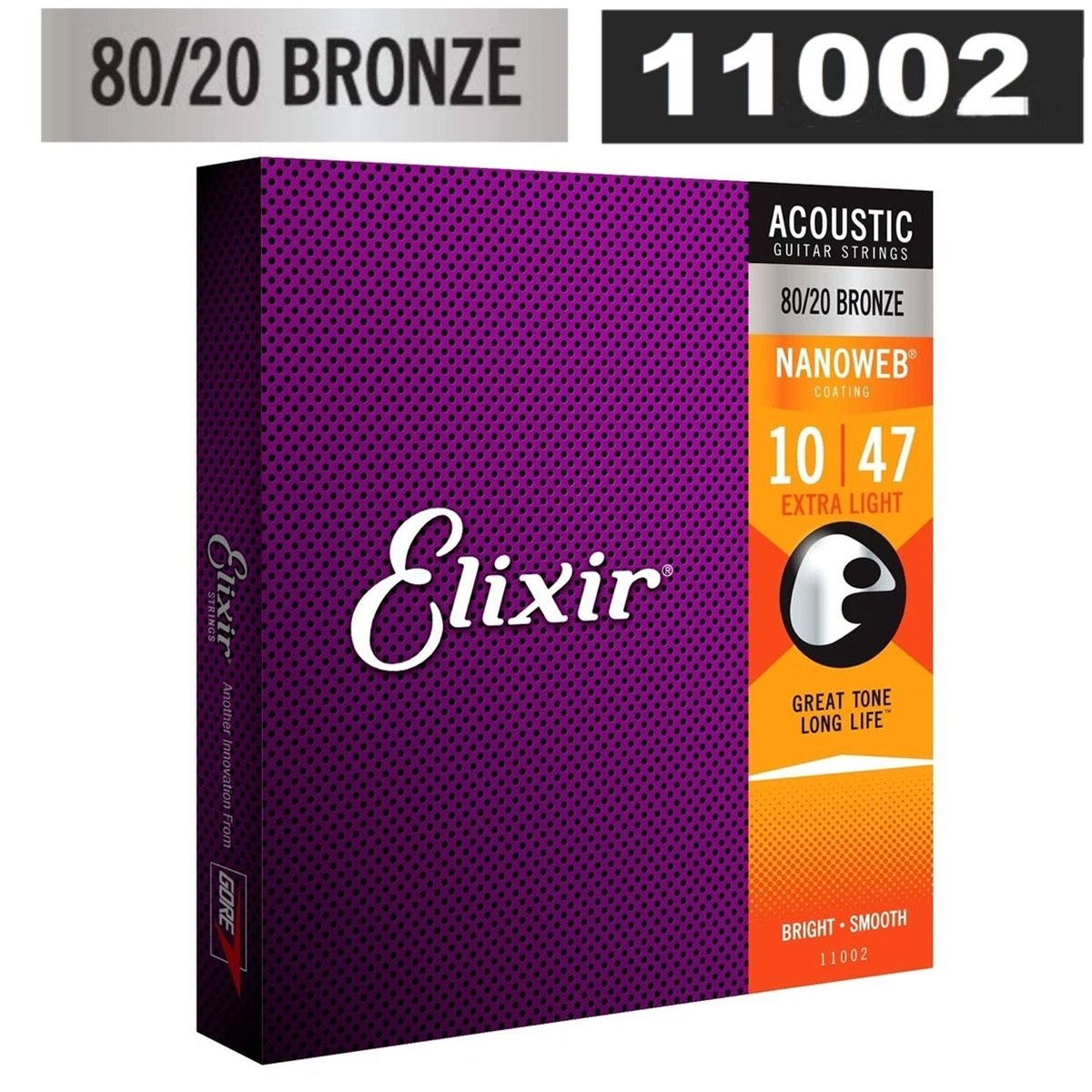 Elixir 11002 Nanoweb Coated 80/20 Bronze Acoustic Guitar Strings gauges 10-47 AN