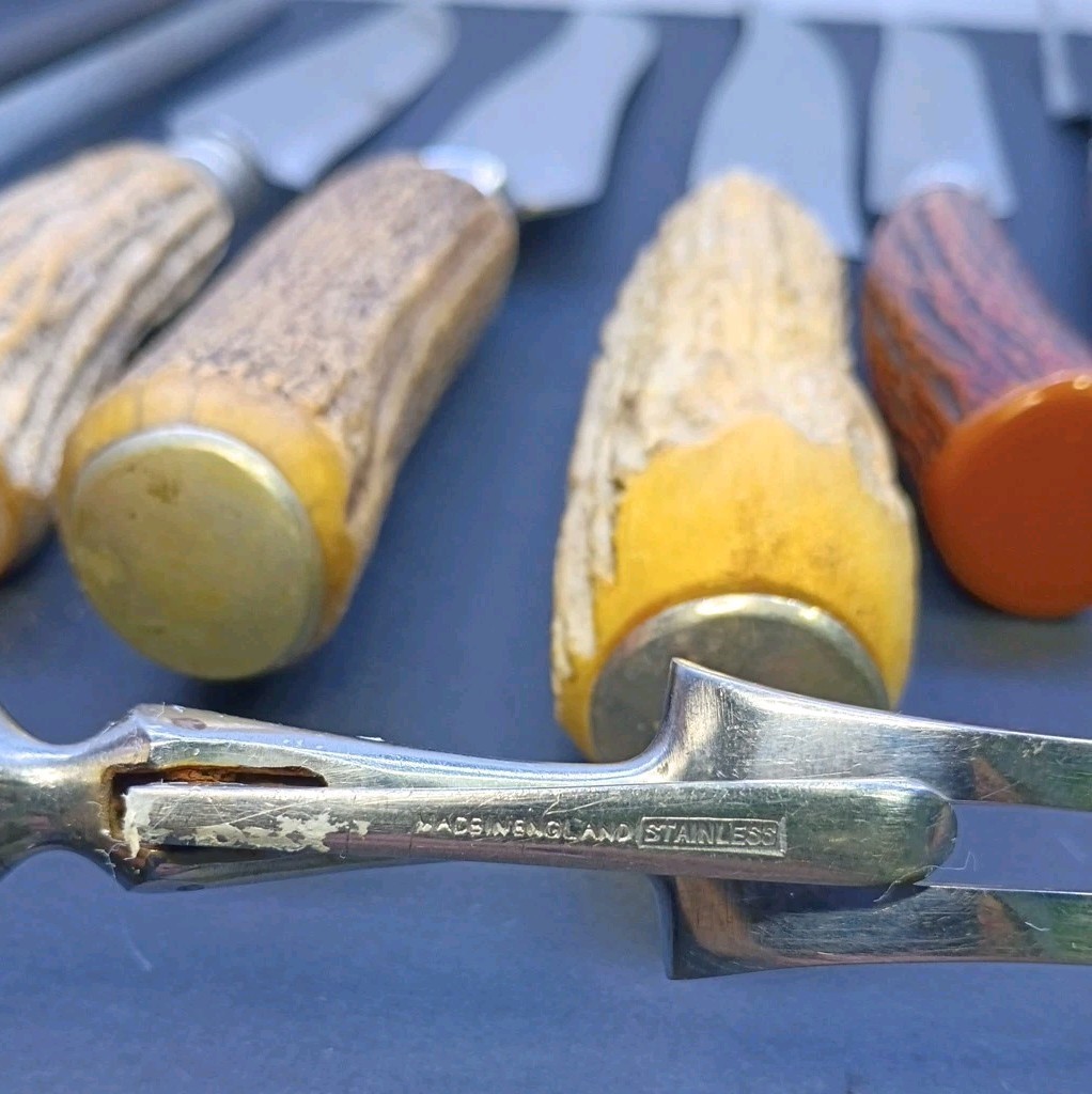VINTAGE STAG HANDLE MIXED KITCHEN CARVING UTENSILS LOT