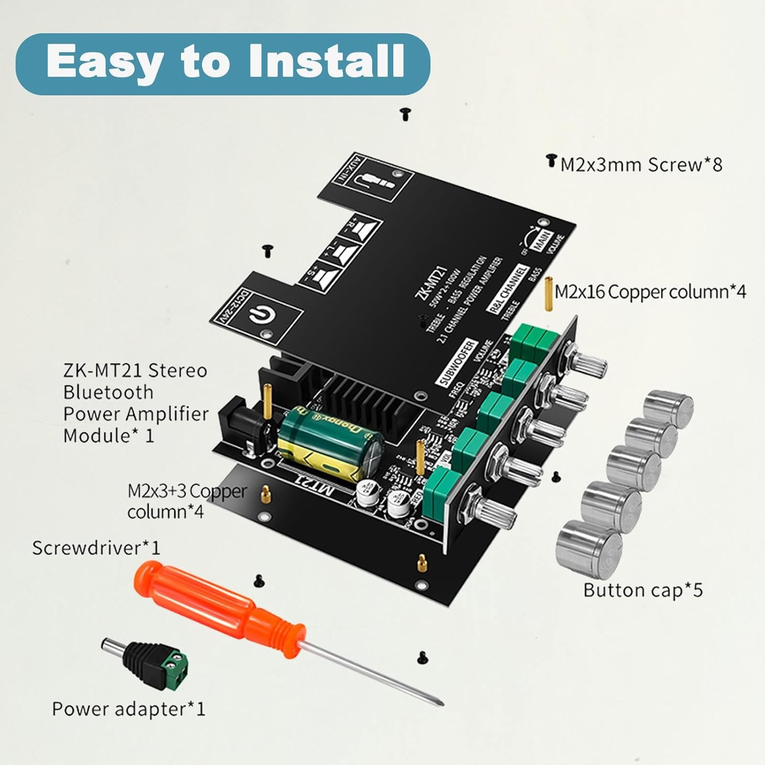 ZK- MT21 Bluetooth Amplifier Board 50W+50W+100W with Treble and Bass Control
