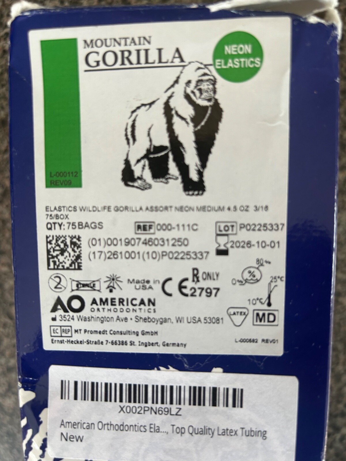 2 Neon Mountain Gorilla (READ) American Orthodontics Dental Elastics Bands