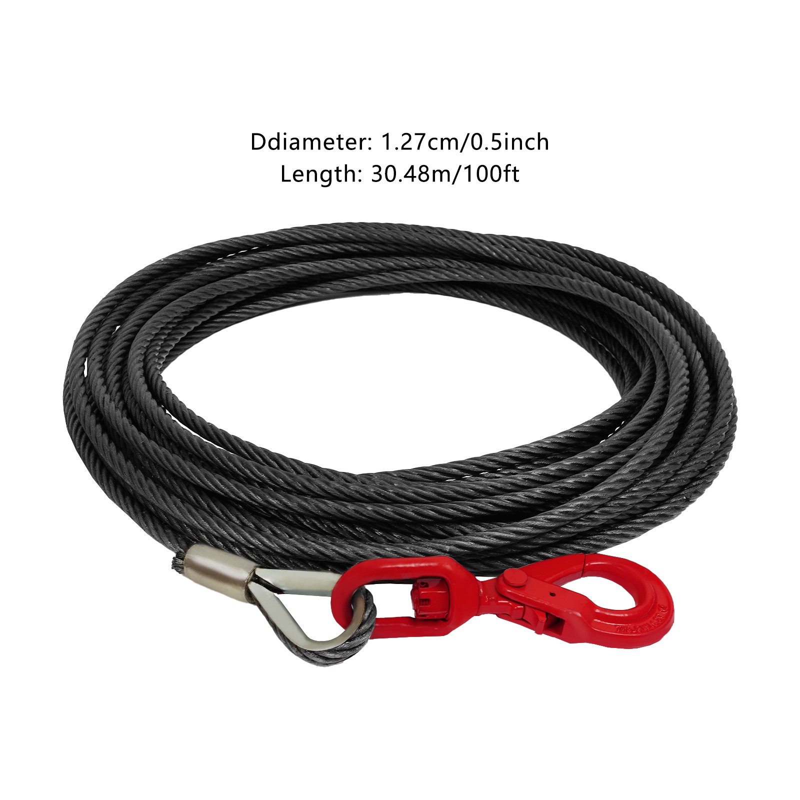 1/2" x 100ft Wire Rope Carbon Steel Winch Cable with Self Locking Swivel Hook