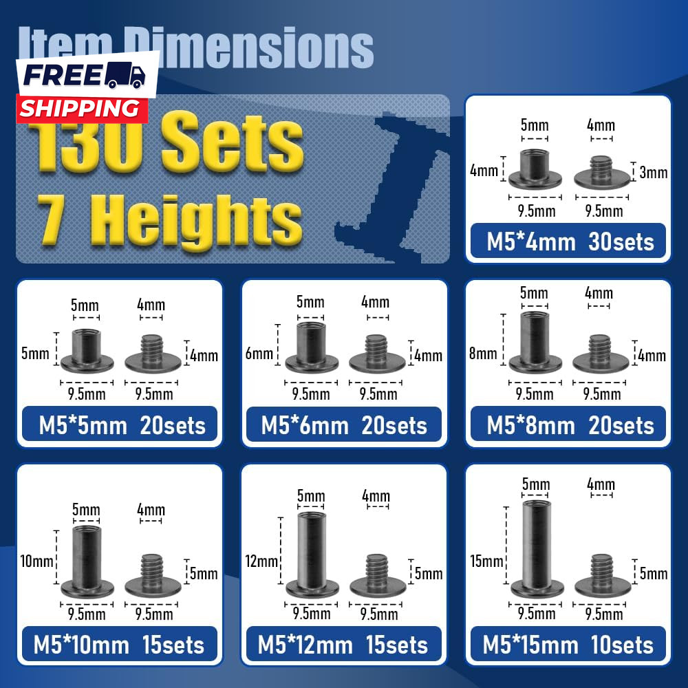 130 Sets Gunmetal Black Chicago Screws Leather Rivets Kit 7 Sizes