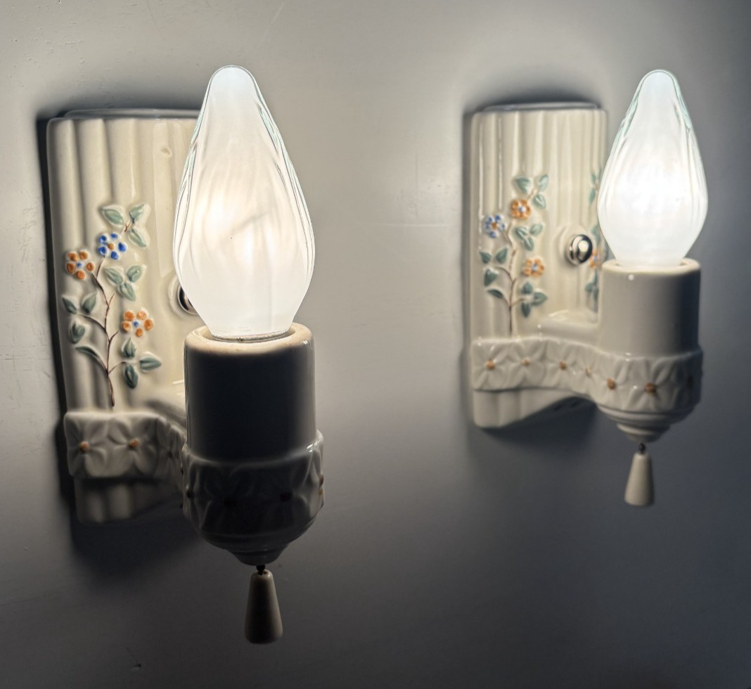 Vtg Porcelain Wall Sconce Pair Bathroom Light Fixture Floral Art Deco USA #L58