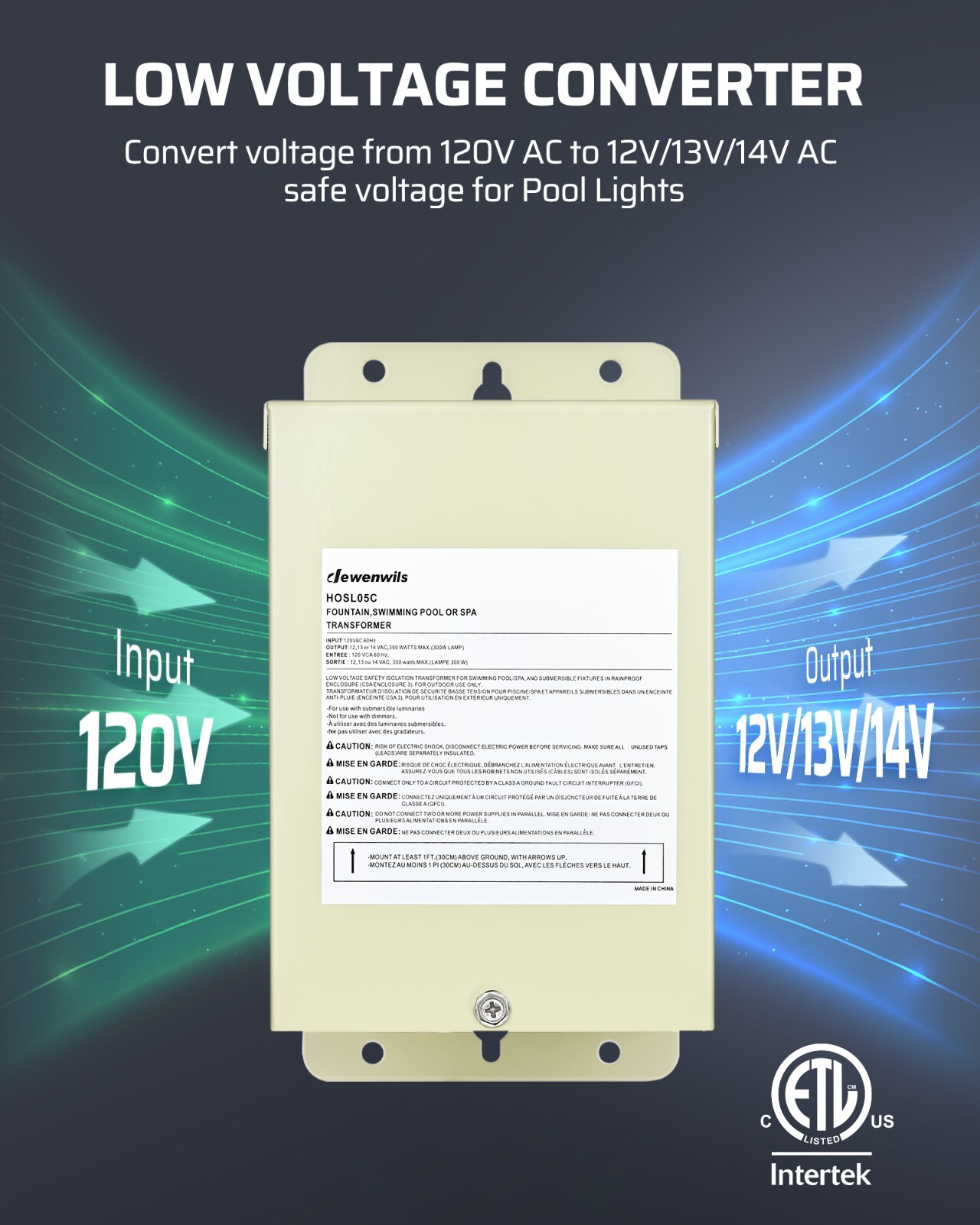 DEWENWILS 300W Low Voltage Pool Light Transformer, 120V AC to 12V/13V/14V AC, Mu