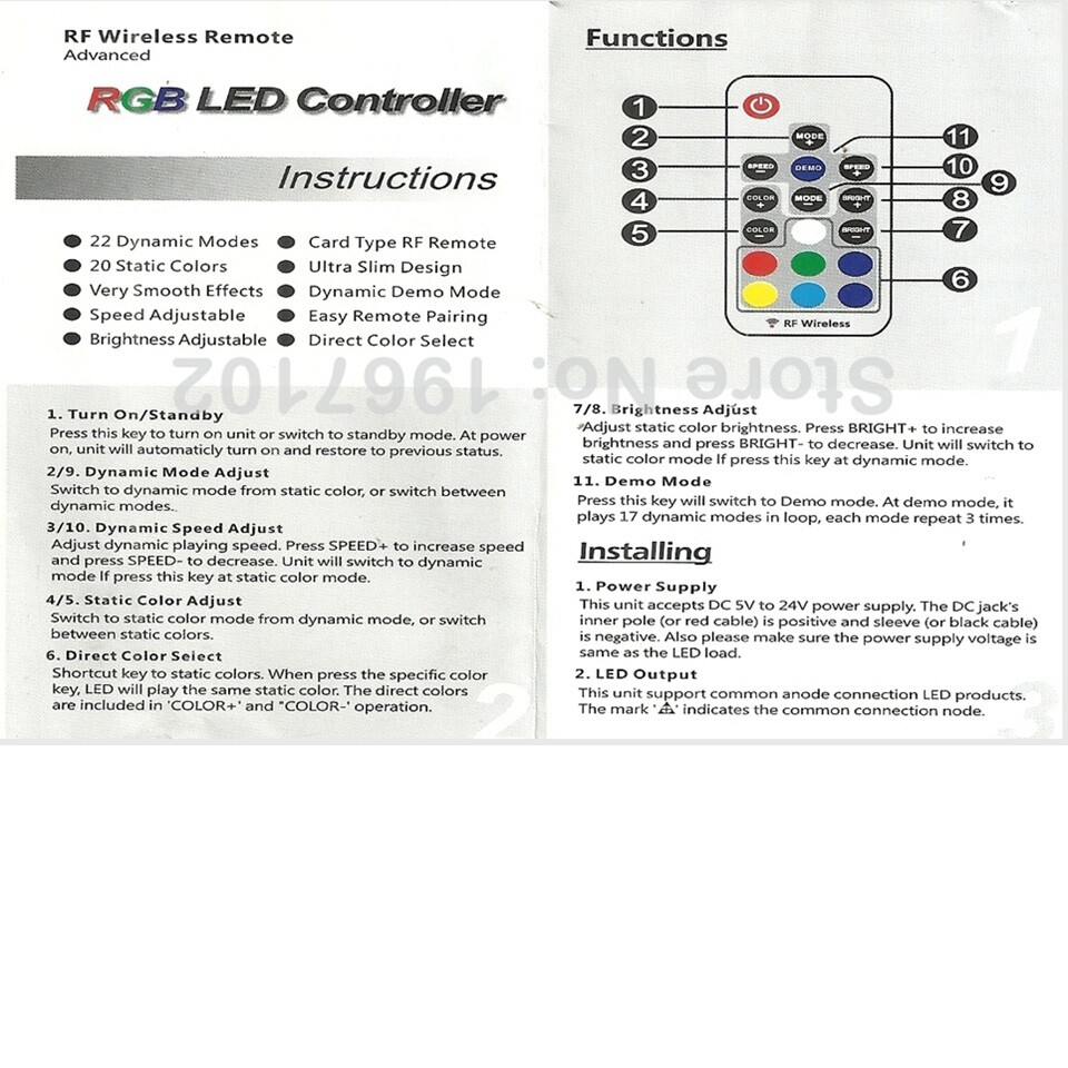 RGB LED Light Roll Strip Remote Control Wireless Controller Receiver 12VDC 4-Pin