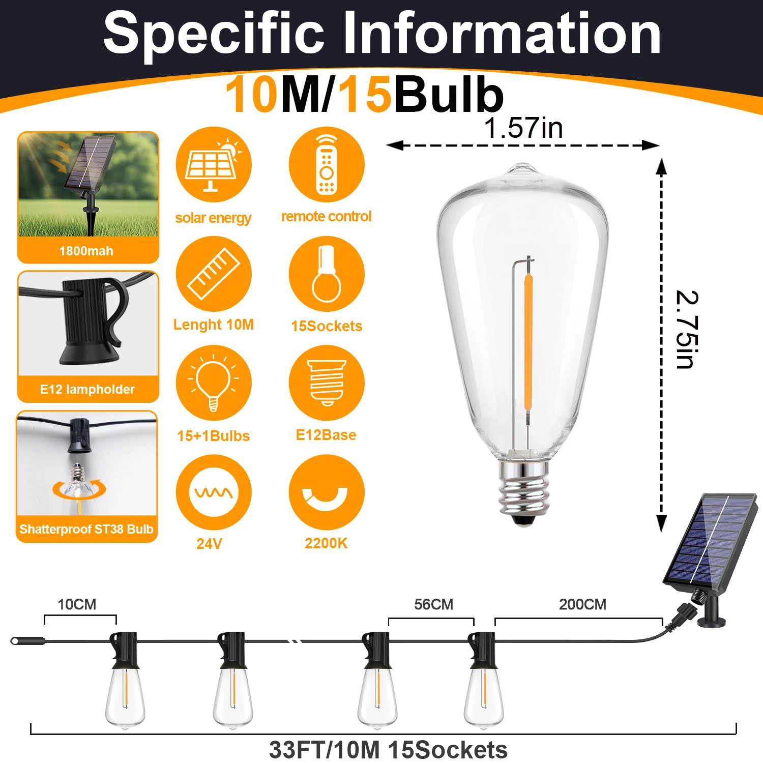 Outdoor Solar String Lights LED Bulbs For Patio Backyard Yard Gazebo Porch Party