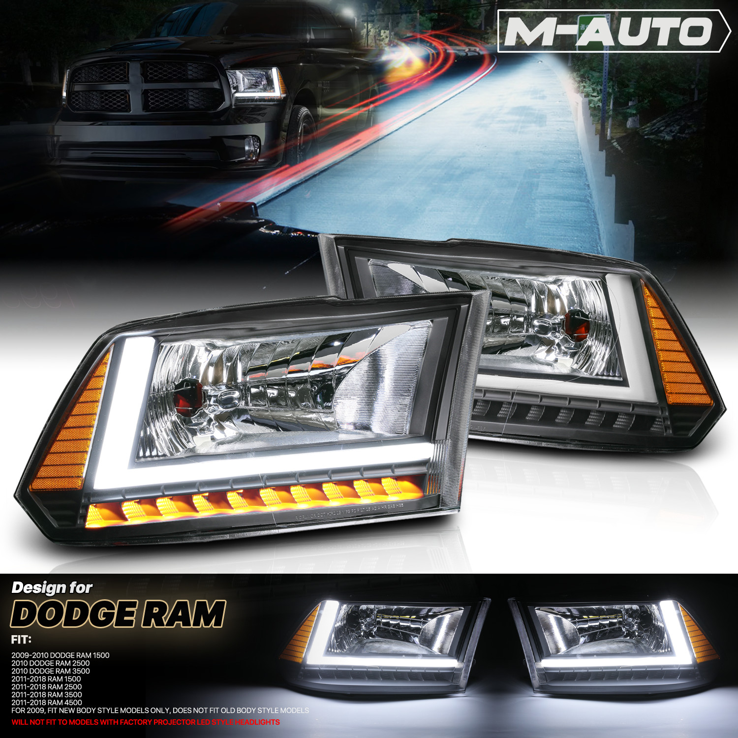 For 2009-2018 RAM 1500 2500 3500 LED DRL Headlight Lamps Pair LH+RH Replacement