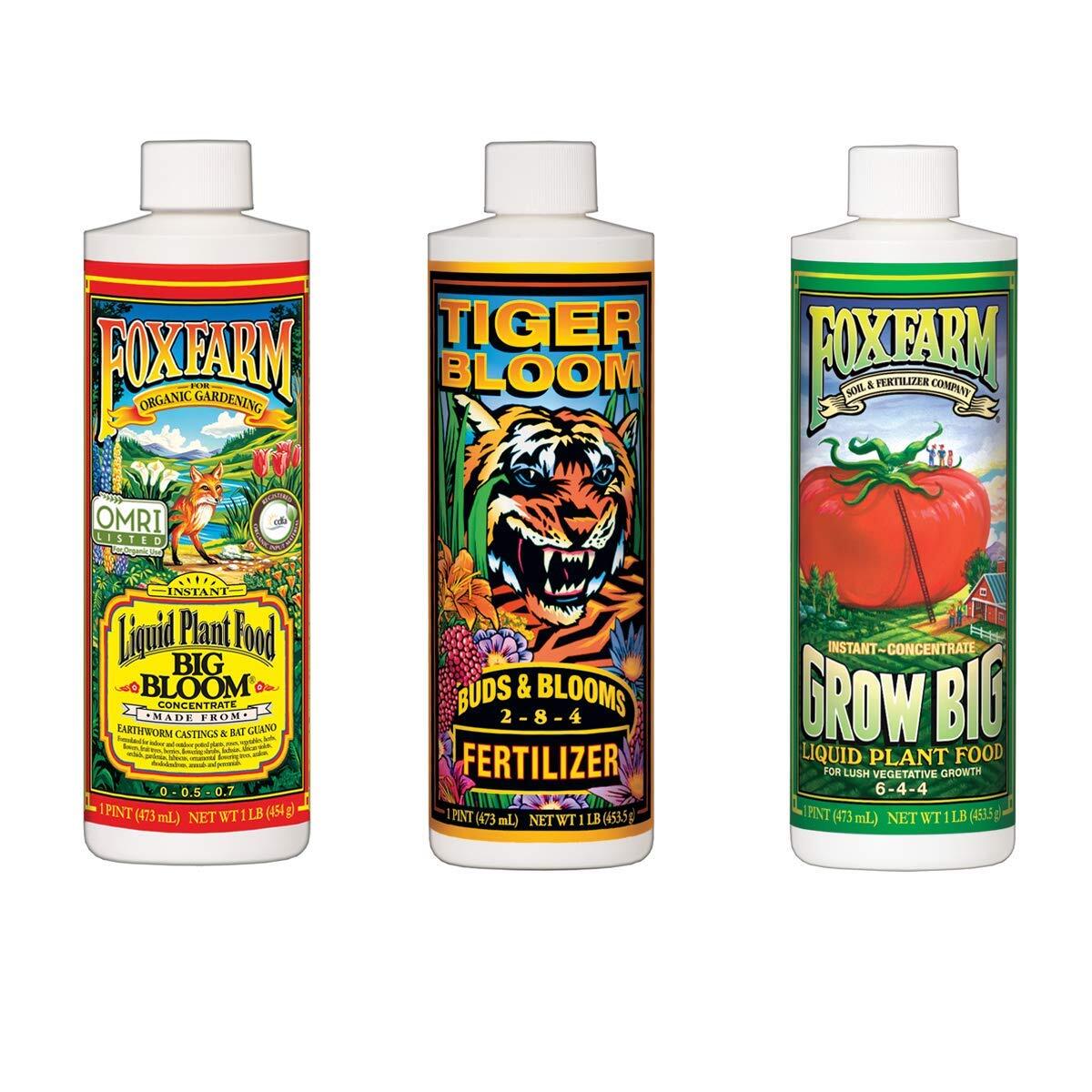 Fox Farm Big Bloom, Grow Big, Tiger Bloom Hydroponic Liquid Nutrient Soil