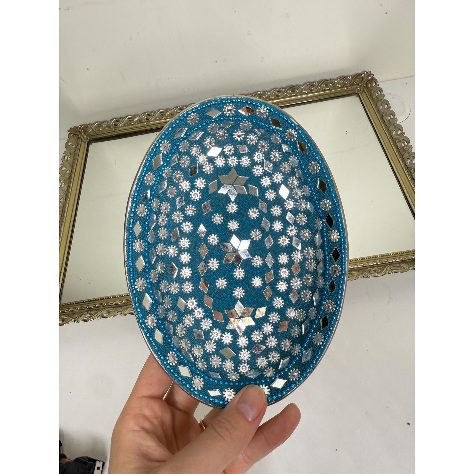 Vintage India Blue and Silver Mirroed Mosiac Tray for trinkets and jewelry