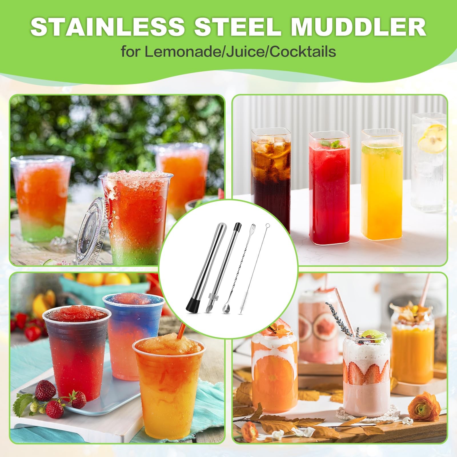 4Pcs Muddler for Cocktails, 10" and Long Handle Bar m, Silver