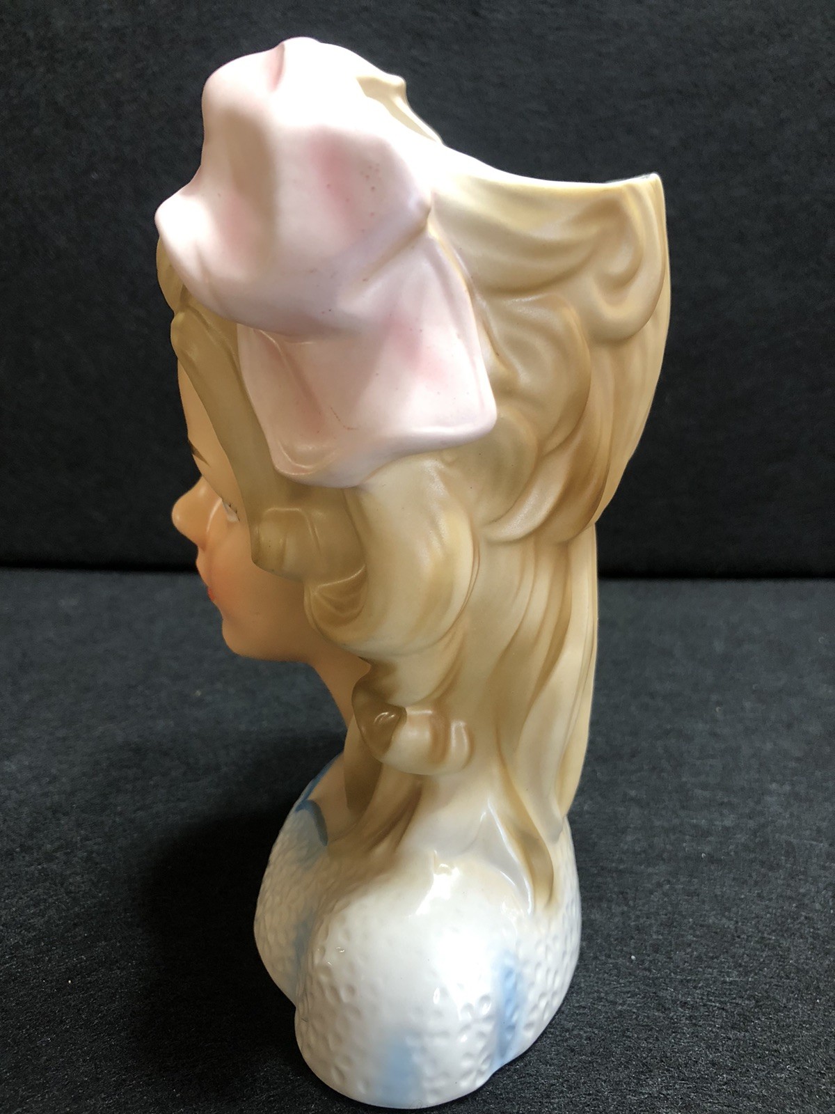 VINTAGE LADY HEAD VASE ENESCO “SMART GIRLS” Pink Bow 7” Pearl Earring MINT
