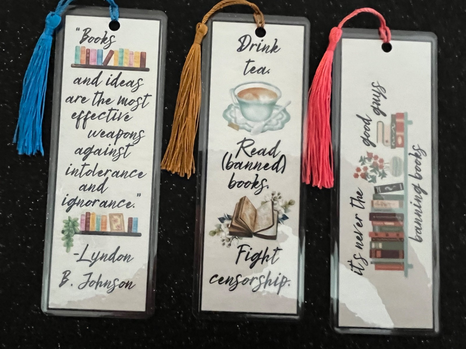 BANNED BOOKS BOOKMARKS SET OF 3 LAMINATED WITH TASSELS HANDMADE