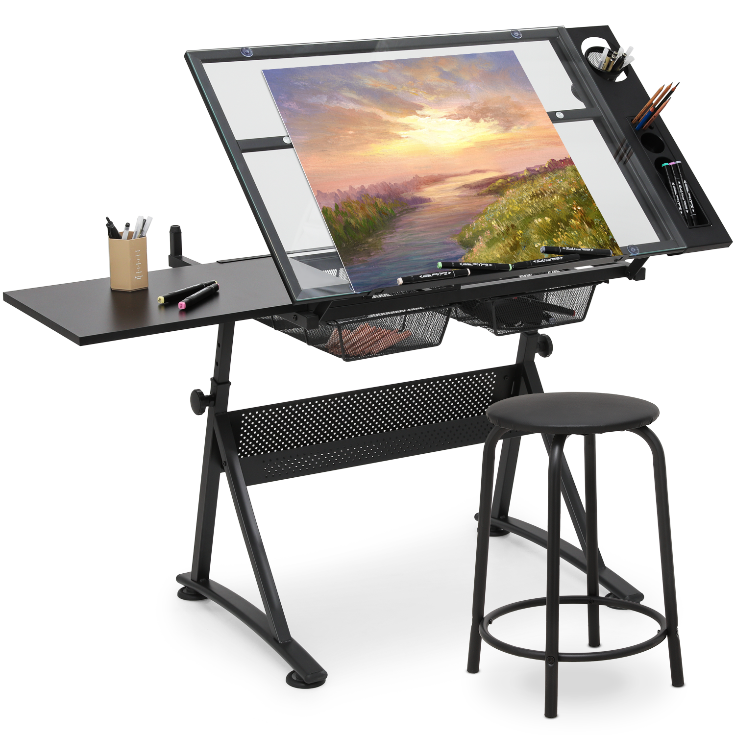 53" Drafting Table Adjustable Tempered Glass Craft Drawing Work Station w/Stool