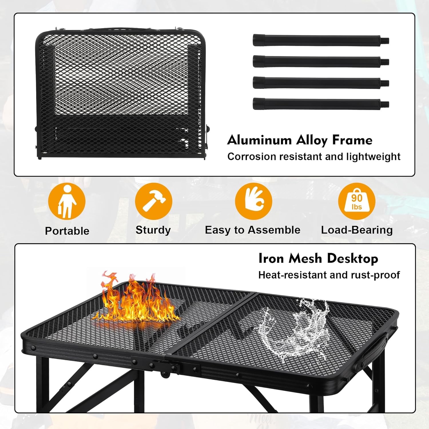 3FT 2-Fold Camping Table with Mesh Desktop Adjustable Height BBQ Grill Table