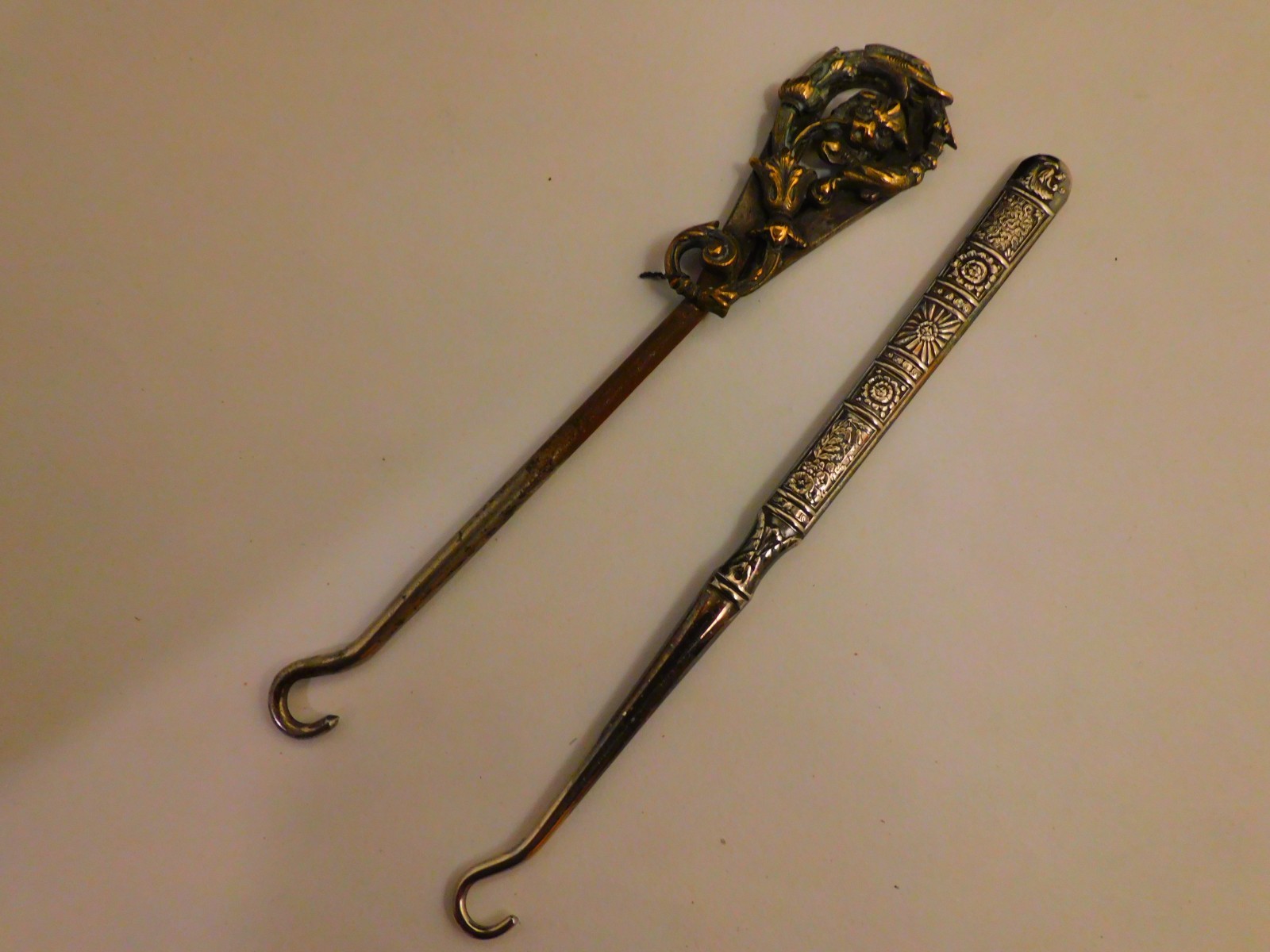 2 Vintage Metal Shoe Button or Glove Hooks Gargoyle & Etched Handles  Unusual