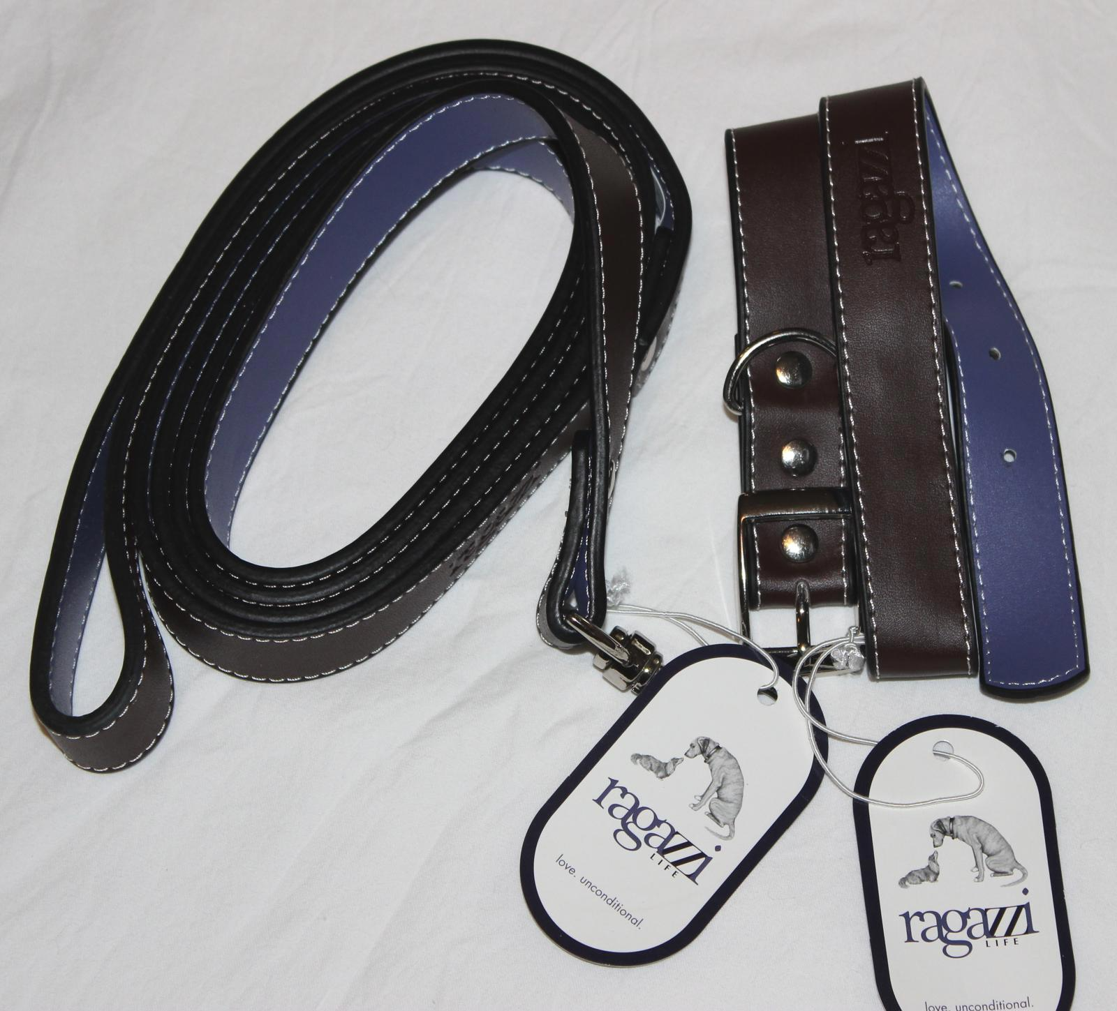 RAGAZZI LIFE CHIC LEATHER LEASH 6ft x 1" BROWN PURPLE + 22" COLLAR GENUIN LEATHR