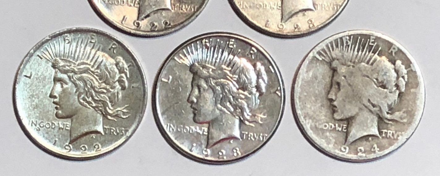 Lot of 5 Cull 1922-1935 US $1 Silver Peace Dollars, Mixed Dates & Mint Marks