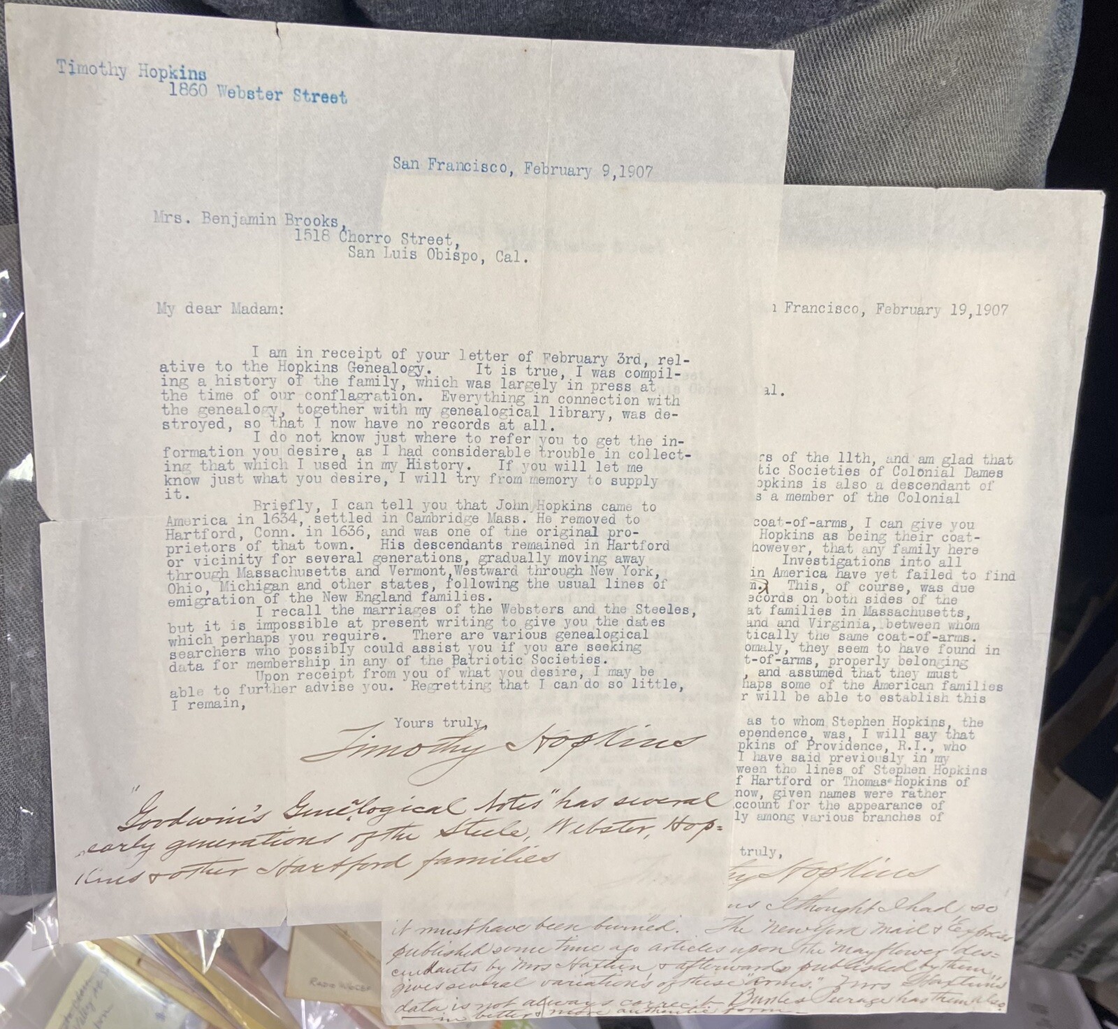 TWO 1907 TIMOTHY HOPKINS Letters Re: Hopkins Family Genealogy San Francisco, Cal