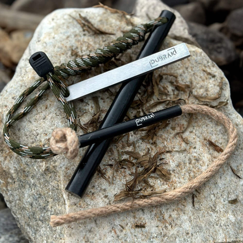 Dubrak 6 x 1/2 In Fire Starter Ferro Rod w/ Camo Paracord + Tinder Rope + Bellow