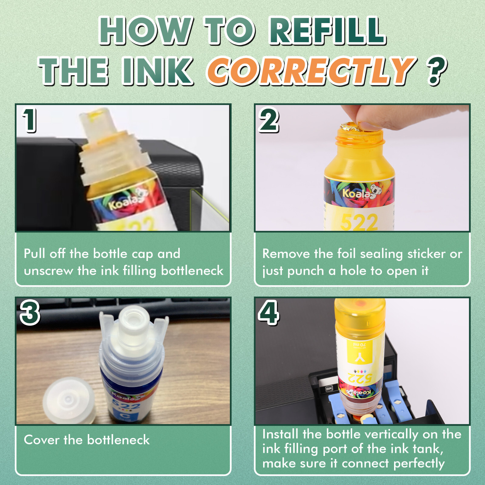 6PK Koala Ink Compatible with Epson 522 Ecotank ET-2400 4800 2800 2803 2720 4700