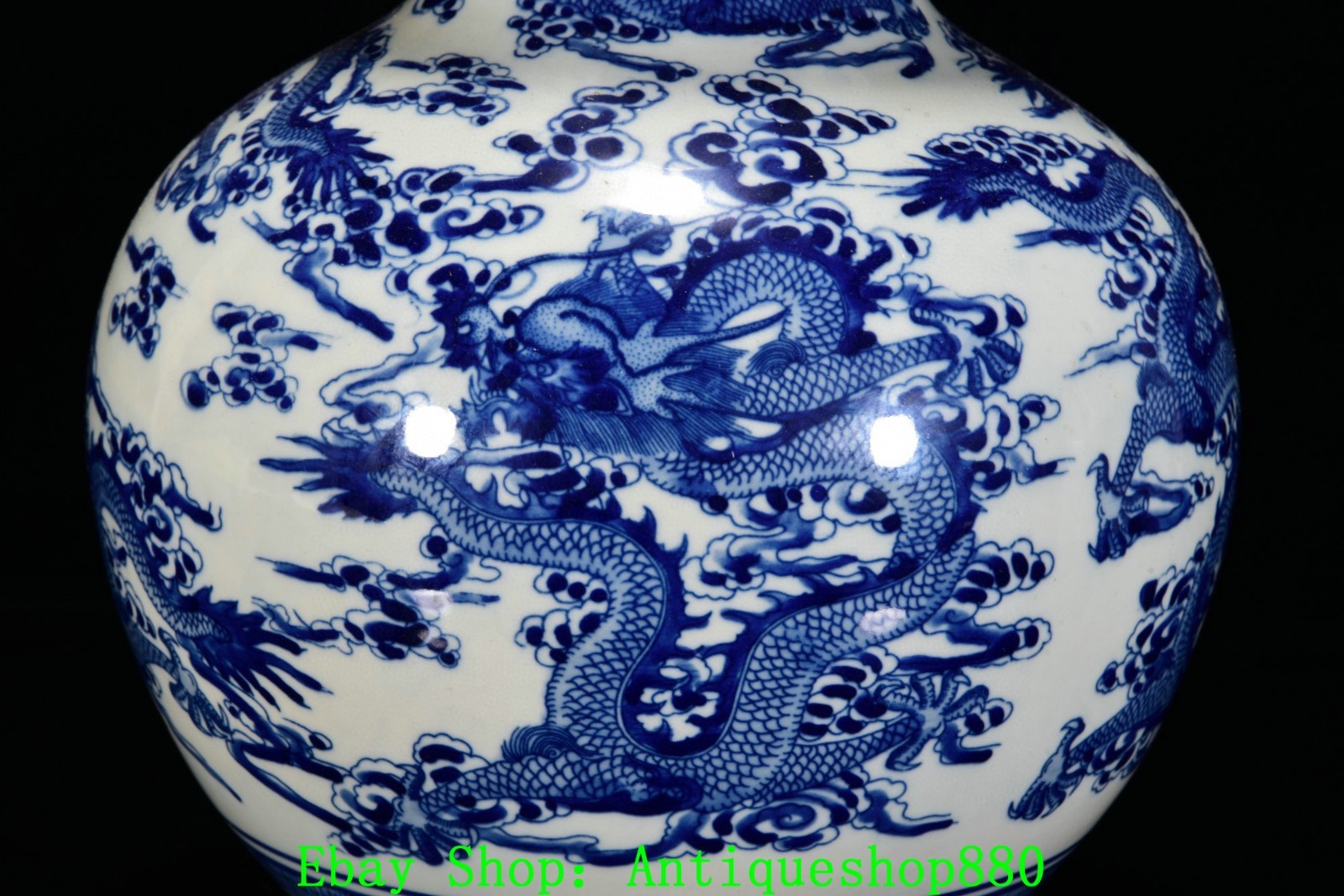 16.5''Yongzheng Blue White Porcelain Gold Dragon Beast Gourd Bottle Vase Pair