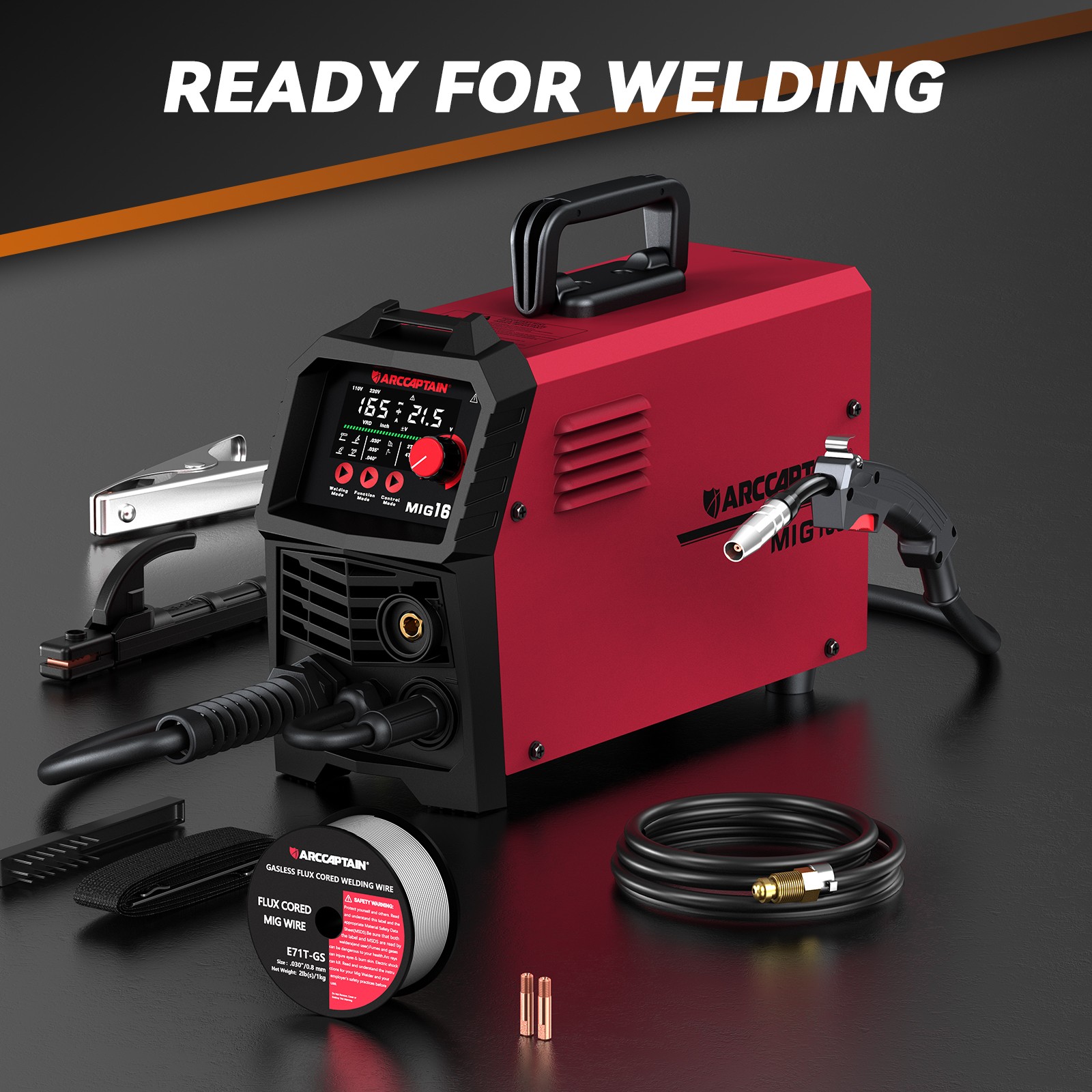 ARCCAPTAIN 165A MIG Welder Large LED Display 4 in 1 Gasless/Gas MIG/Lift TIG