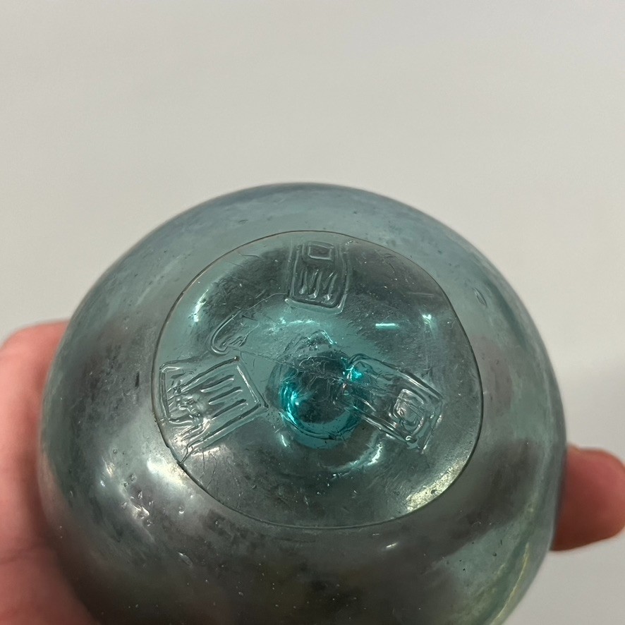 VTG Japanese Antique Hand Blown Glass Float Green Gray SeaGlass Teal 3" Hallmark