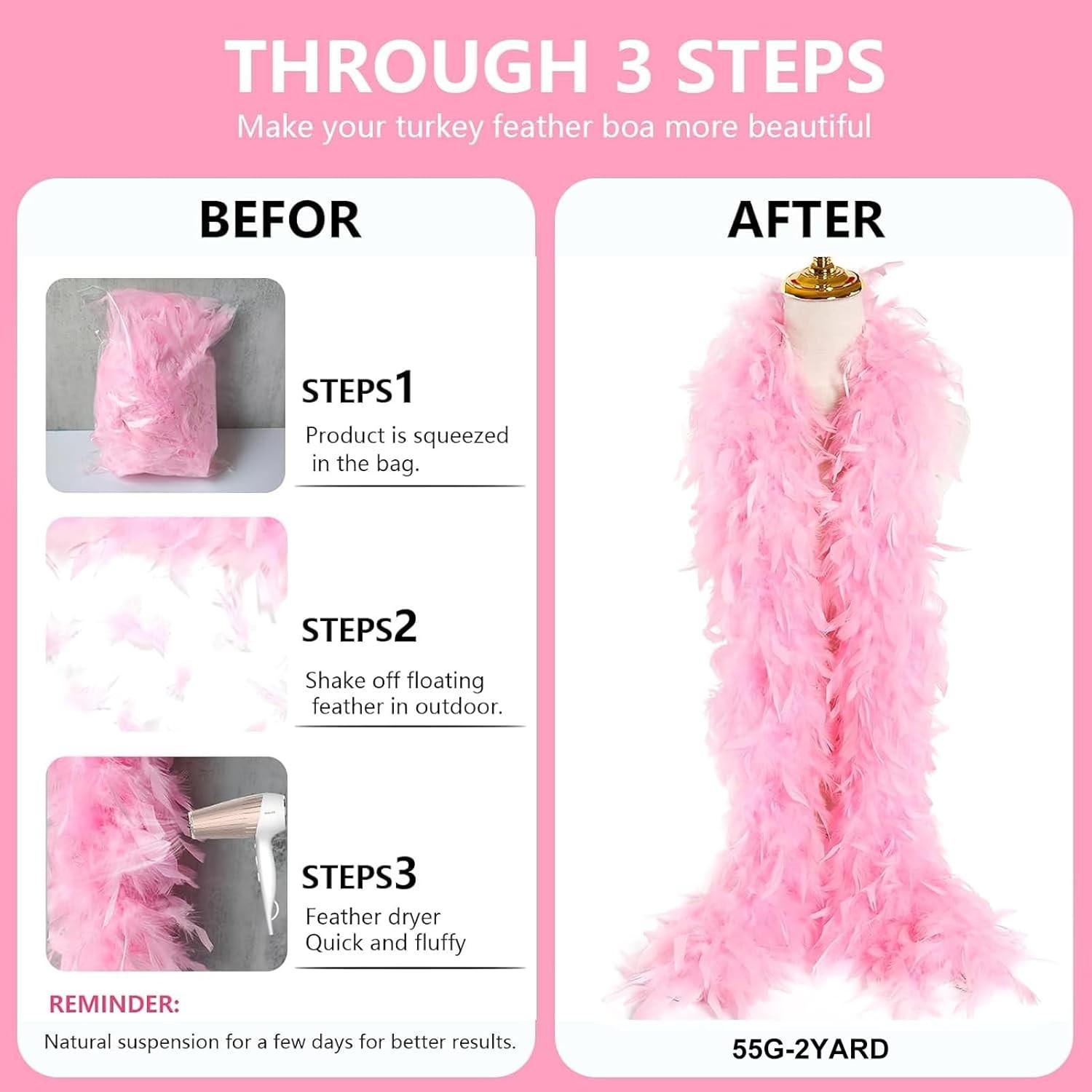 THARAHT Chandelle Feather Boa 19 Color-38g/55g100g 2Yard Dancing Wedding Pink