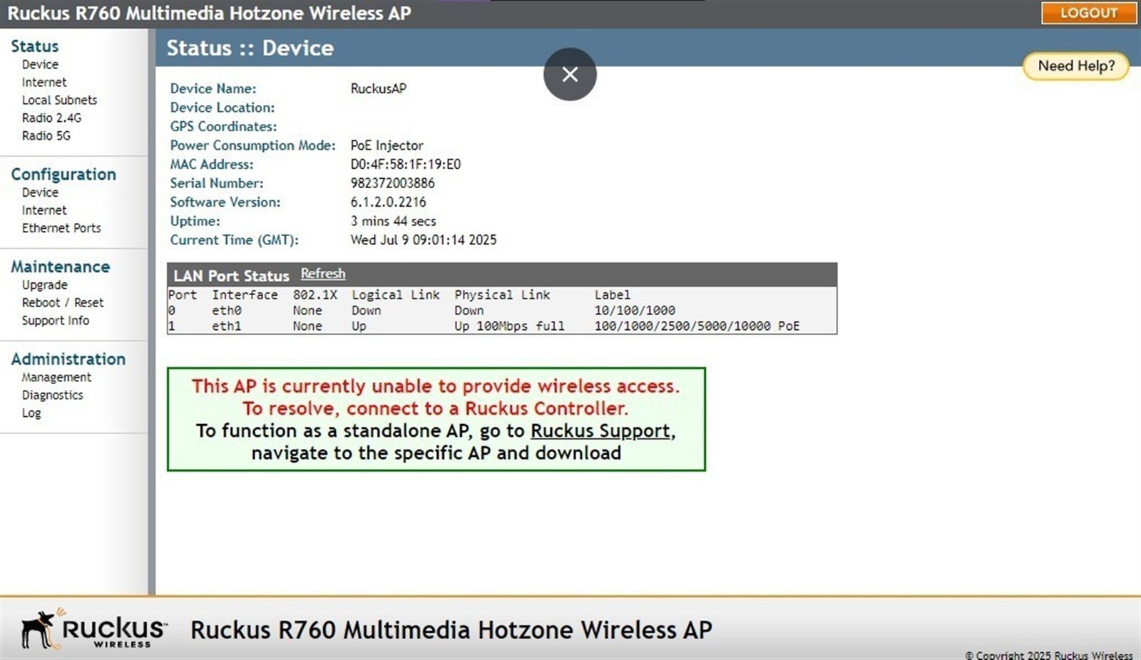 Ruckus R760 901-R760-US00 Indoor Access Point Factory Reset