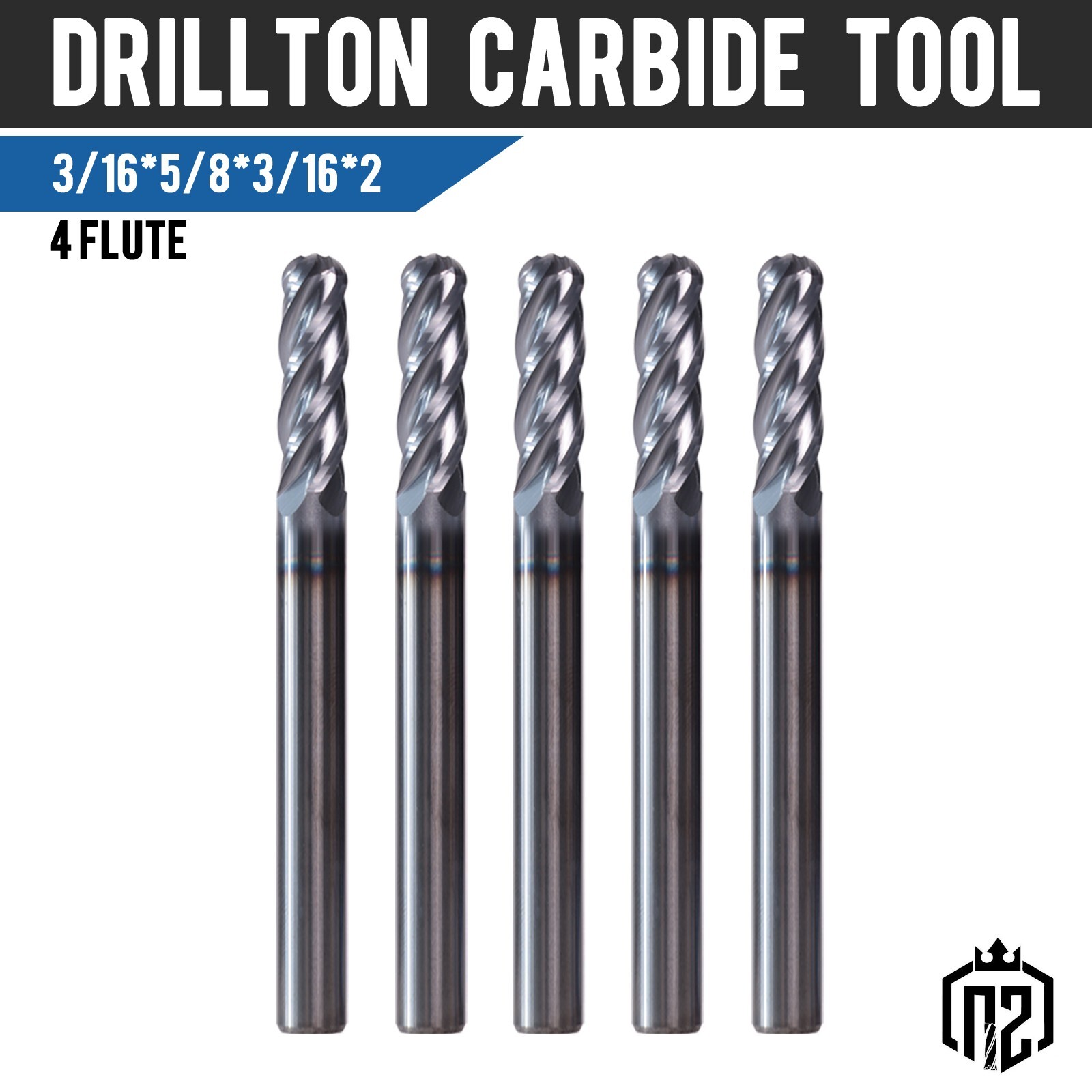 5 PCS 3/16" 4 Flute 2" Overall Length Ball Nose Carbide End Mill AlTiN Coated