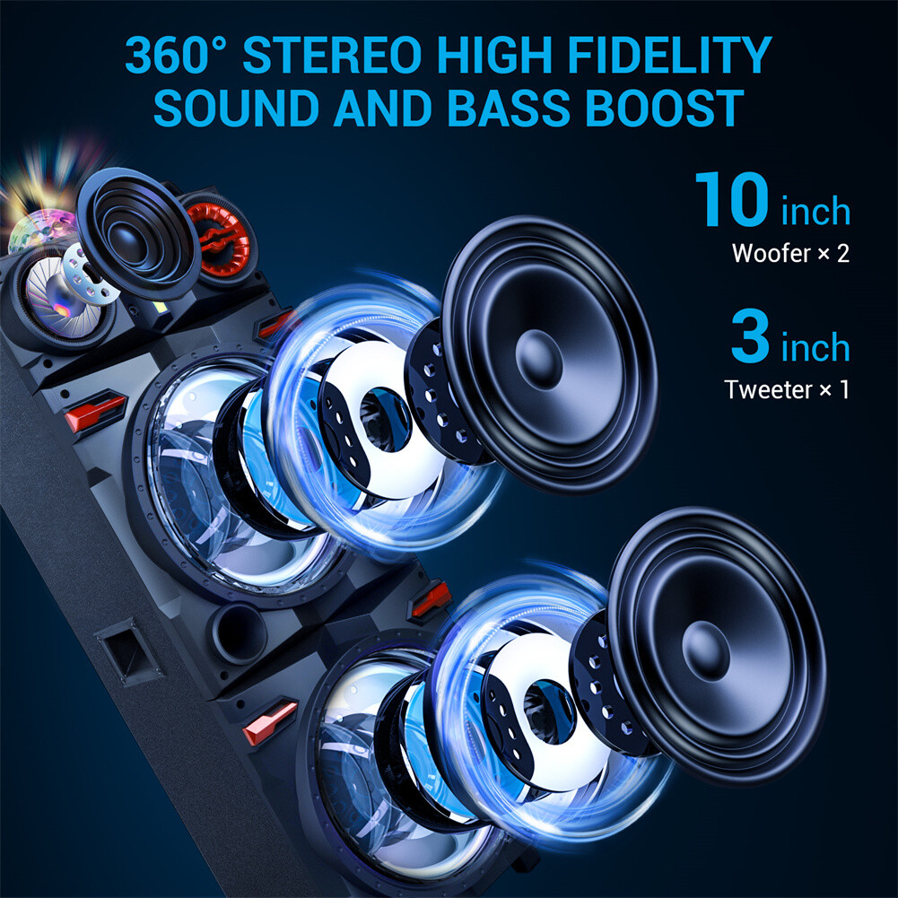 9000W Dual 10" Woofer Bluetooth Speaker Rechargable For Party FM Karaok DJ AUX