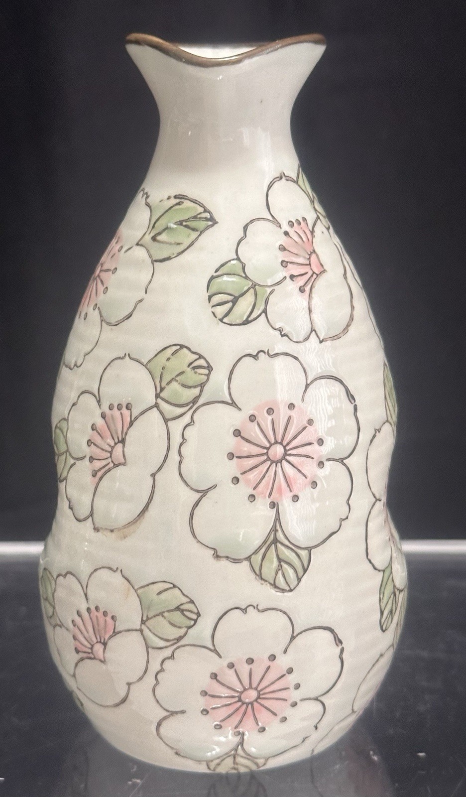 Japanese Ceramic Sake Set Hand Painted Cherry Blossom Motif