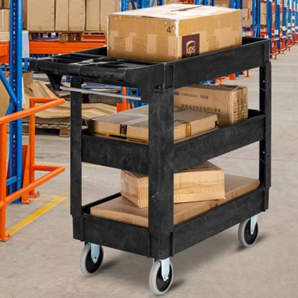 Heavy Duty Plastic Service Utility Cart with 3 Shelves / Ergonomic Handle Black