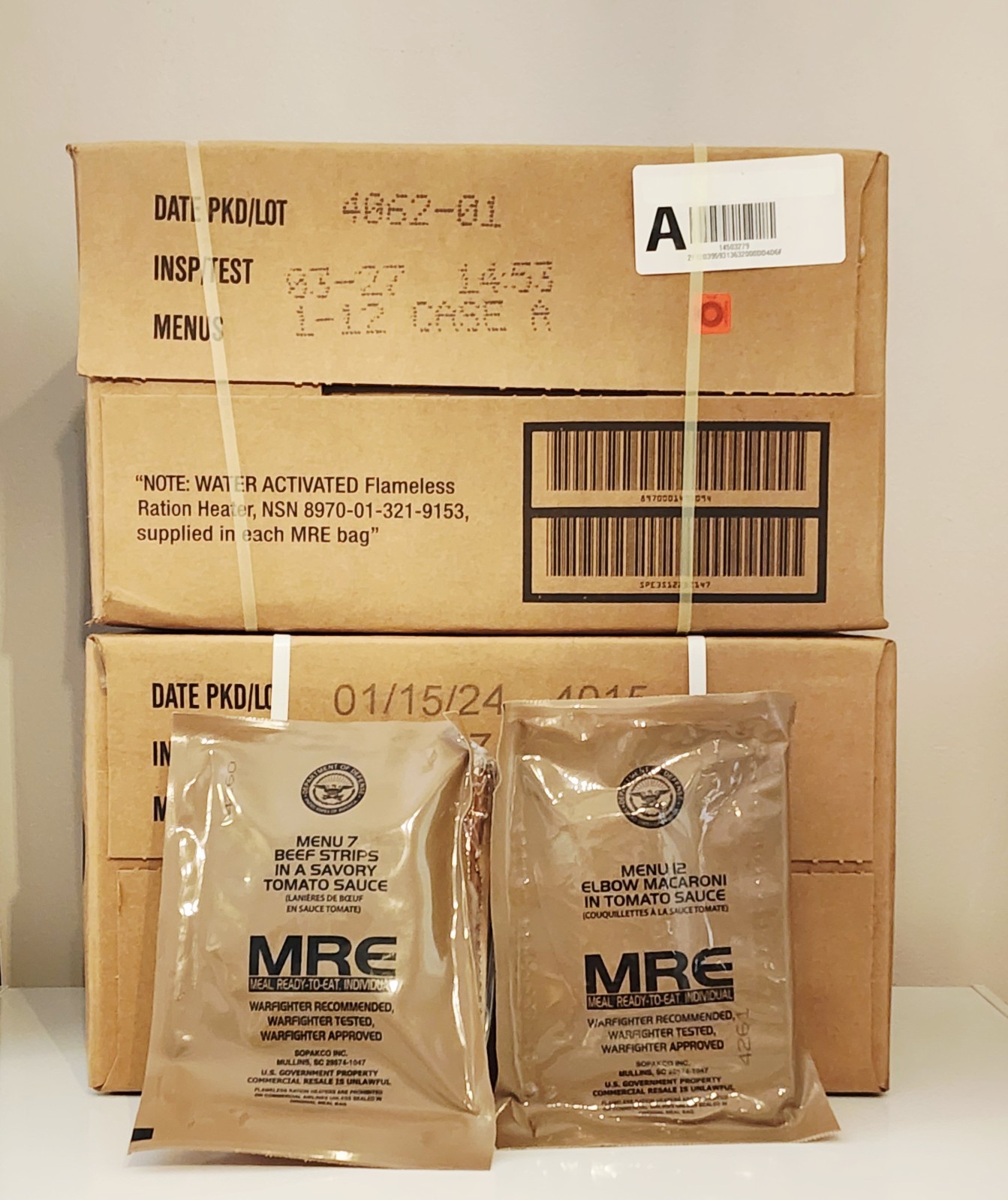 Military Meals Ready To Eat MRE cases A, B menu or both 2027 Inspection Date