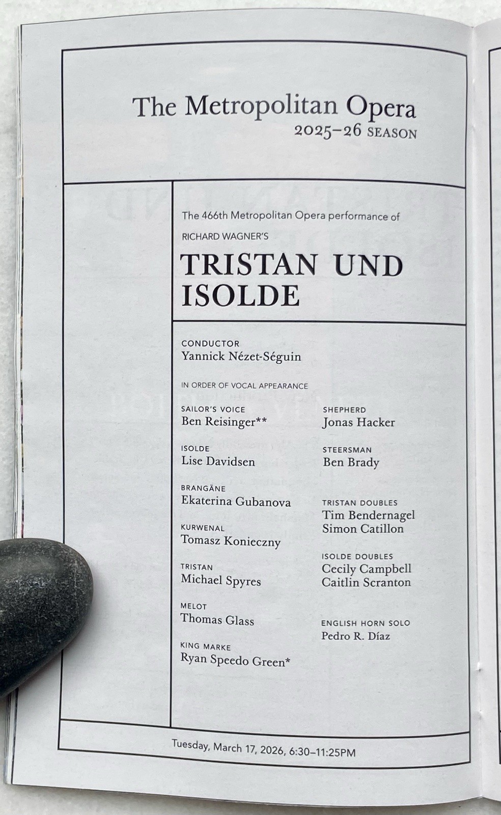 Metropolitan Opera Playbill Tristan und Isolde 3/17/26 - Starring Lise Davidson
