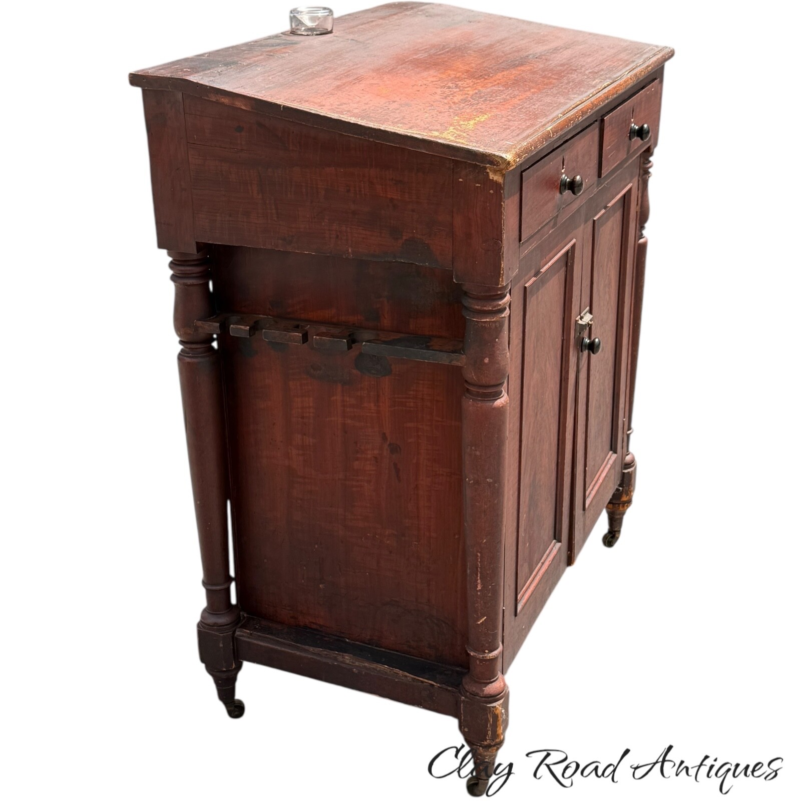 Antique paint decorated primitive country store cabinet cupboard podium folky