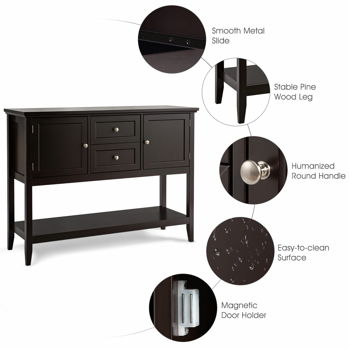 Costway Sideboard Buffet Table Wooden Console Table w/ Drawers & Cabinets Brown