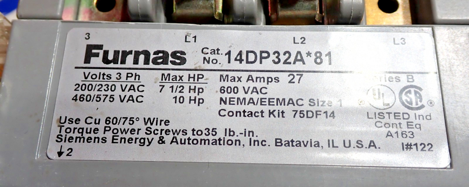 Furnas 14DP32A*81 Size 1 Starter 27 Amp 600VAC 120v Coil 48DC38AA3 TESTED S934
