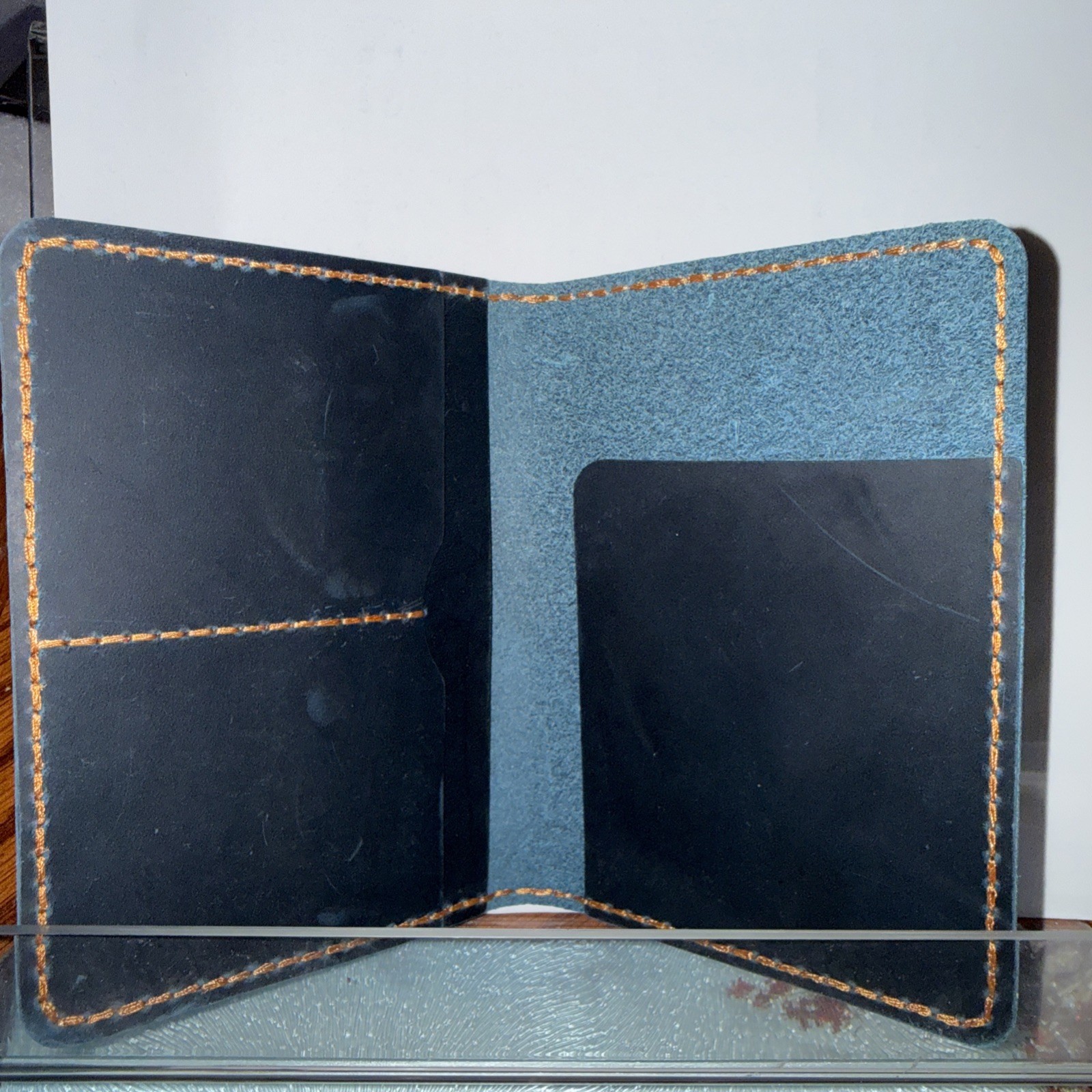 Leather Passport Holder Blue With Orange Stitching